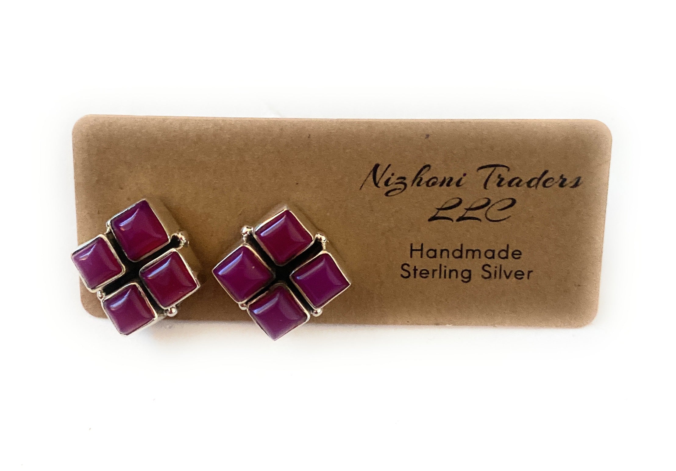 Handmade Pink Onyx & Sterling Silver Post Earrings Signed Nizhoni