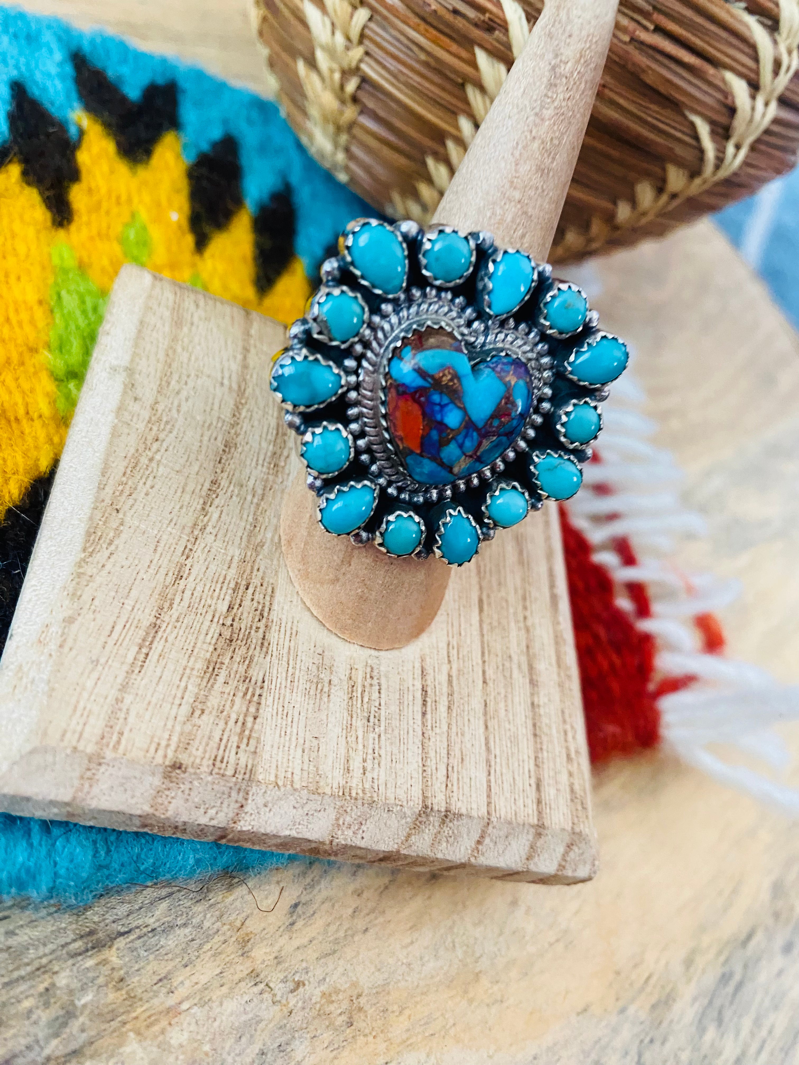 Handmade Sterling Silver, Pink Dream & Turquoise Heart Adjustable Ring