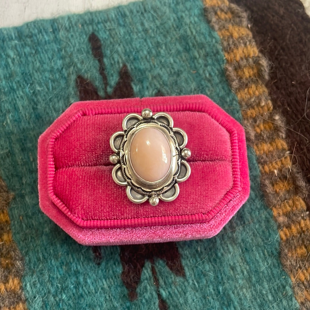 Gorgeous Navajo Pink Peruvian Opal And Sterling Silver Adjustable Ring Signed