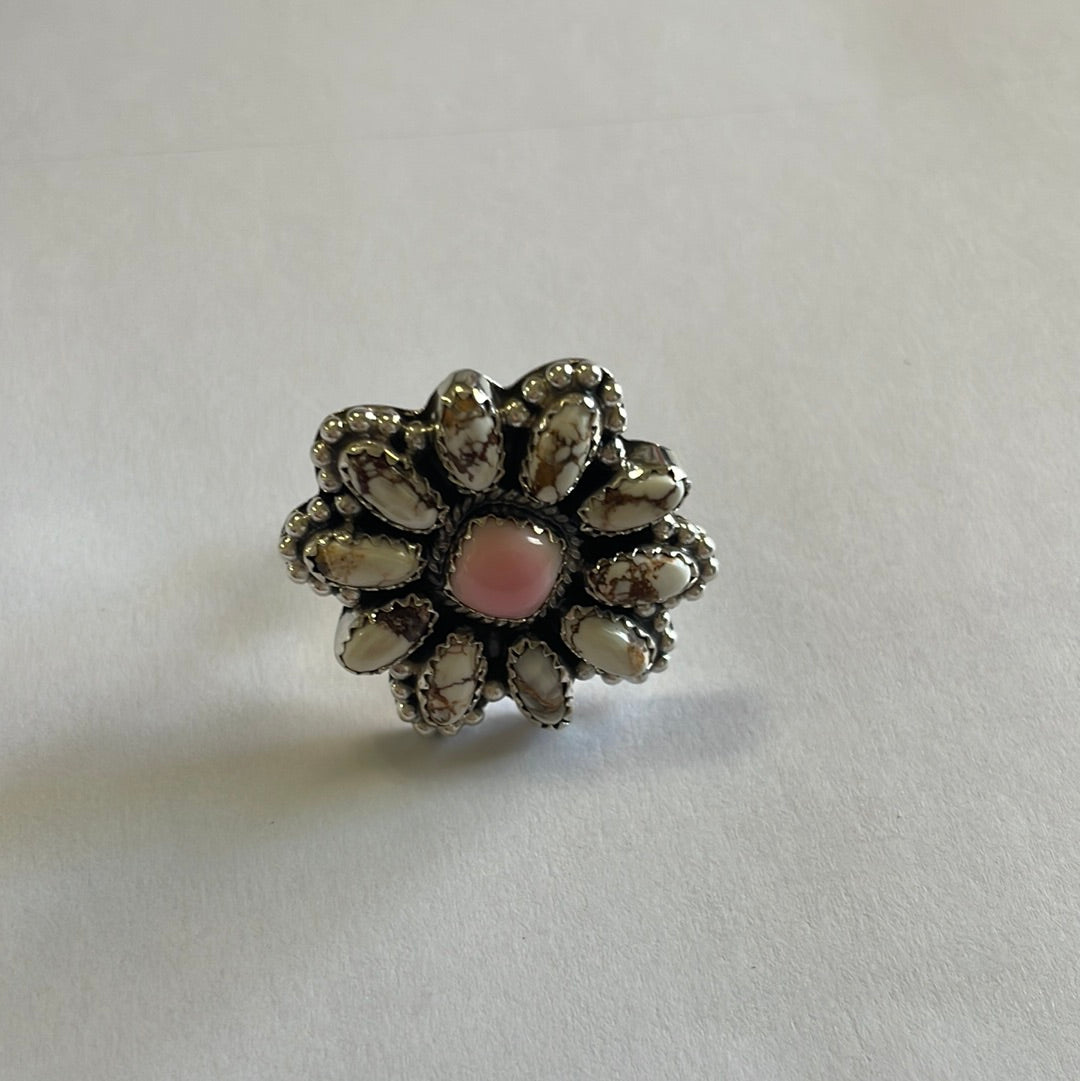 “Buy Me Flowers” Sterling Silver, Wild Horse & Pink Conch Adjustable Ring