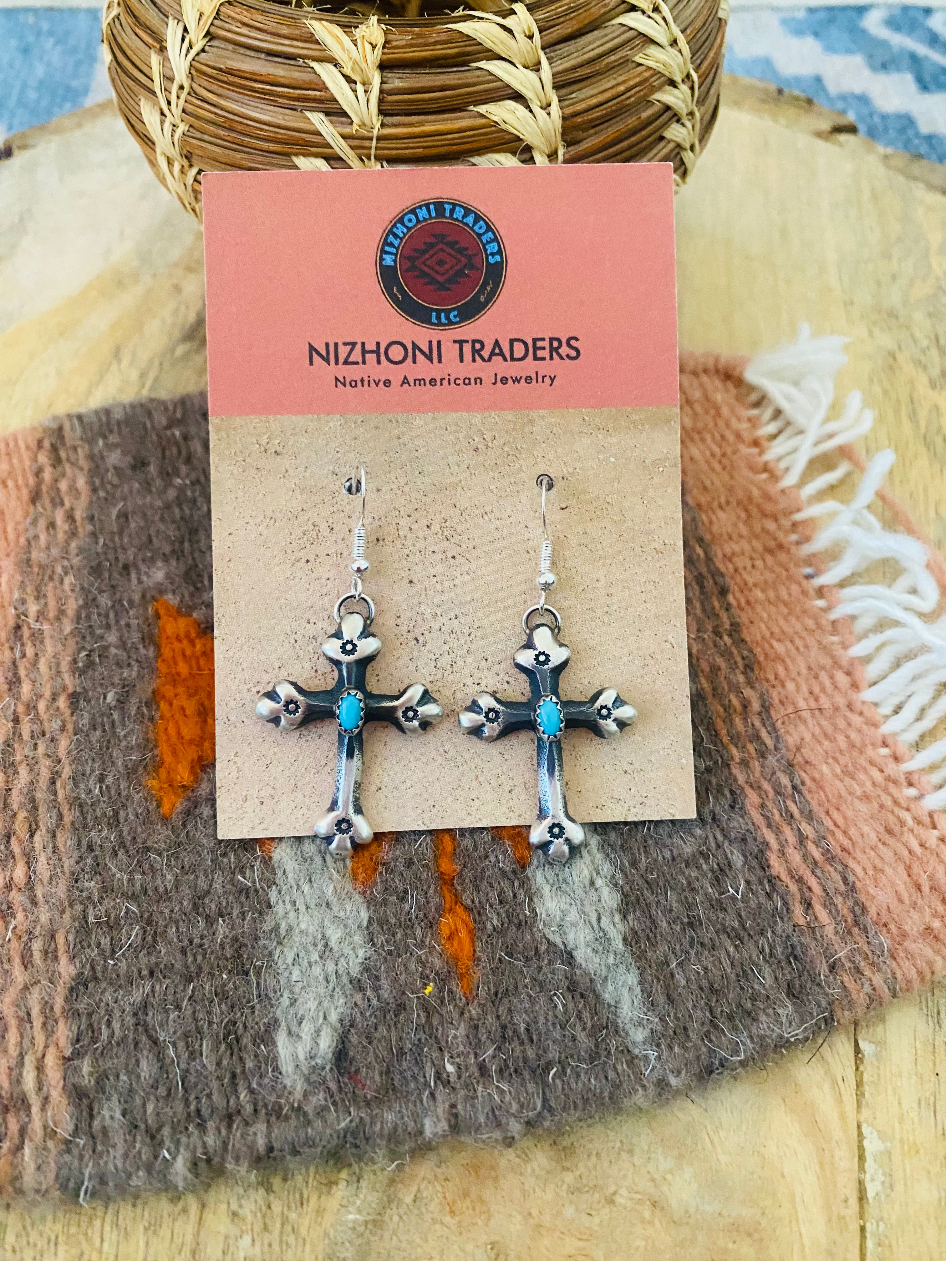 Navajo Sterling Silver & Turquoise Cross Dangle Earrings