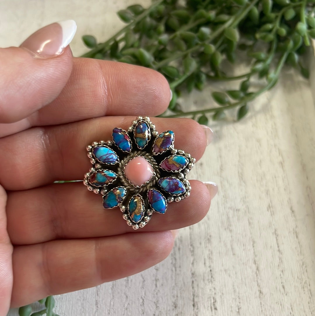 “Buy Me Flowers” Sterling Silver, Blue Mojave & Pink Conch Adjustable Ring