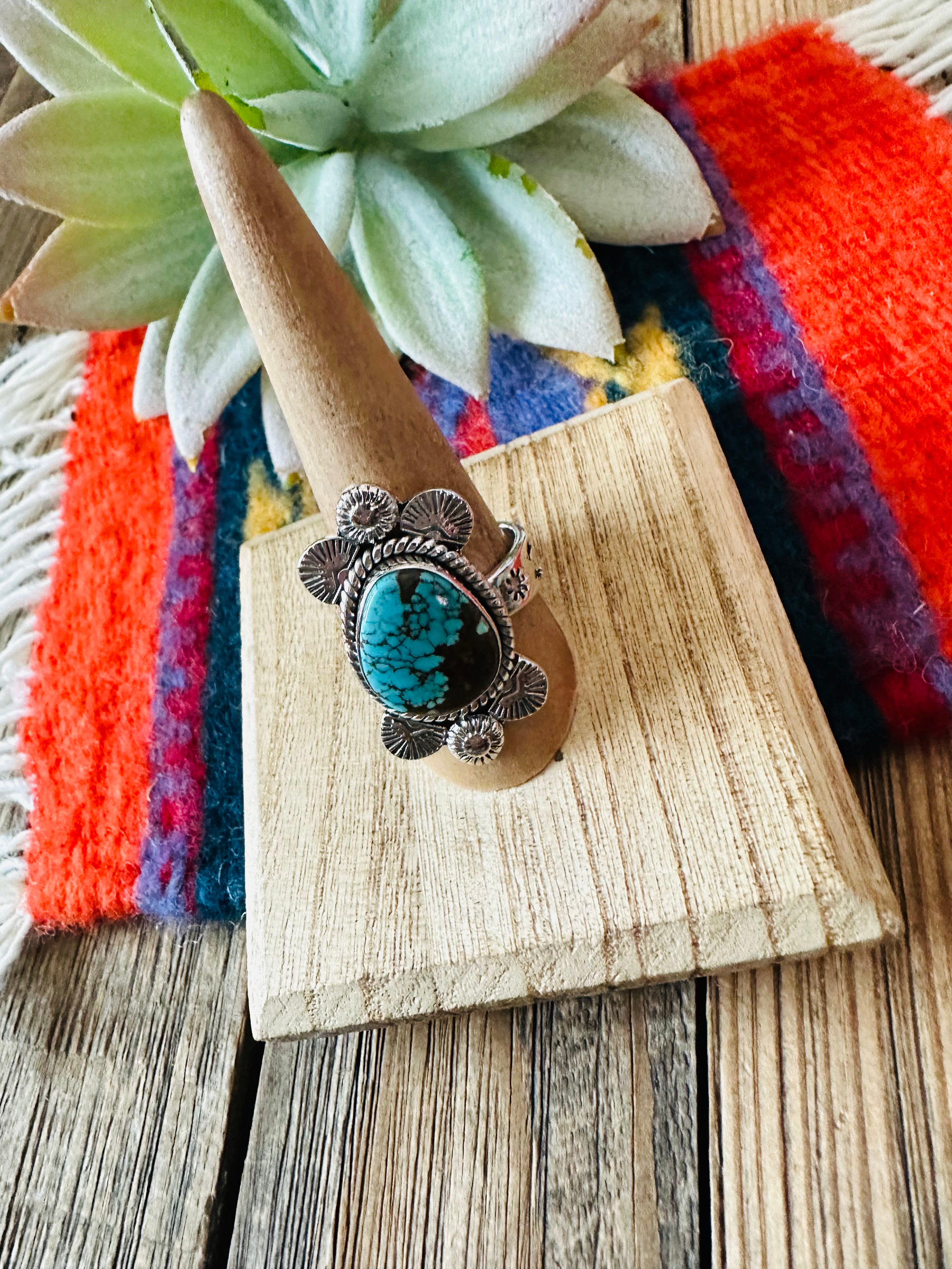 Handmade Sterling Silver & Number 8 Turquoise Adjustable Ring