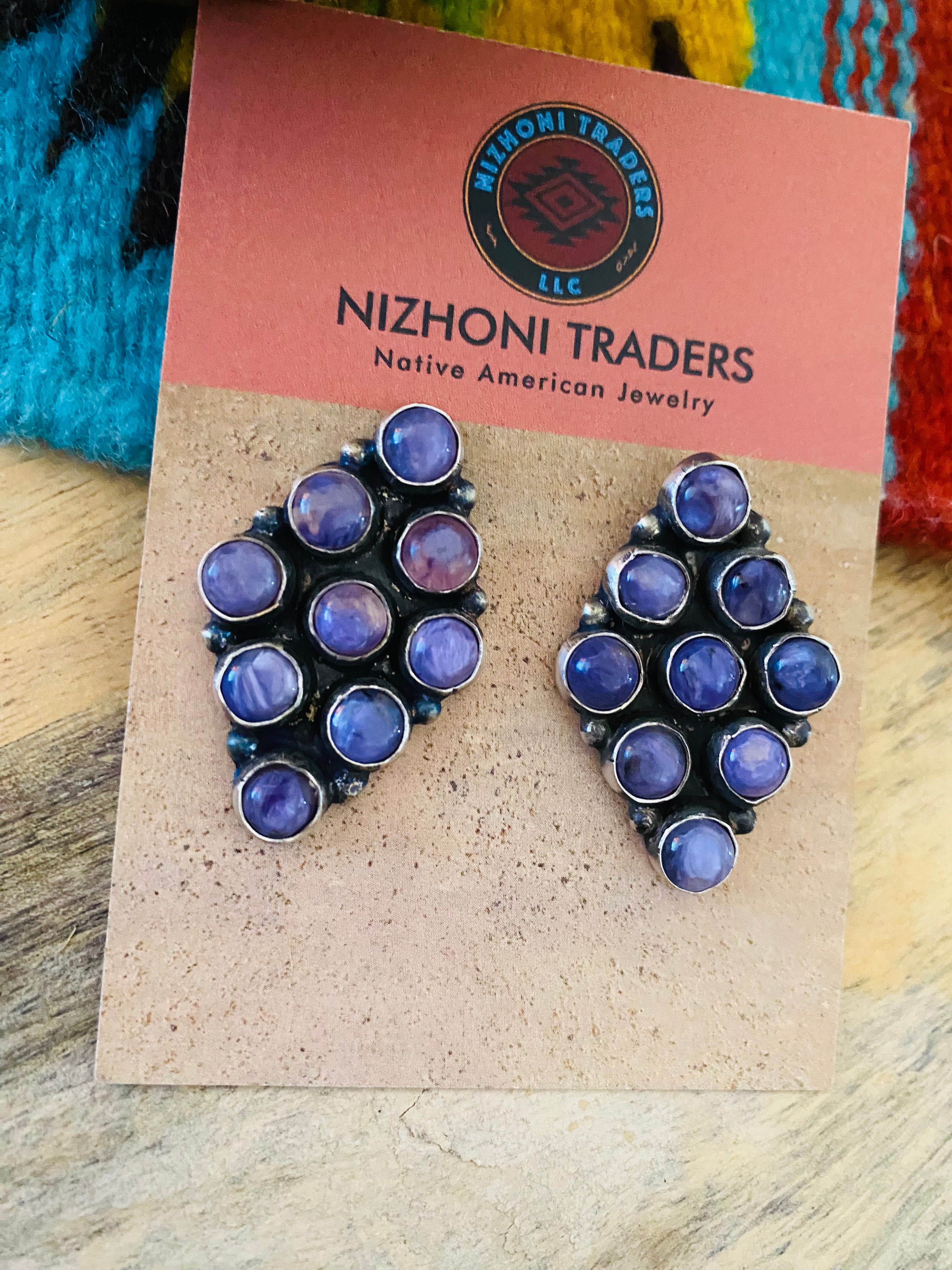 Navajo Charoite & Sterling Silver Cluster Earrings