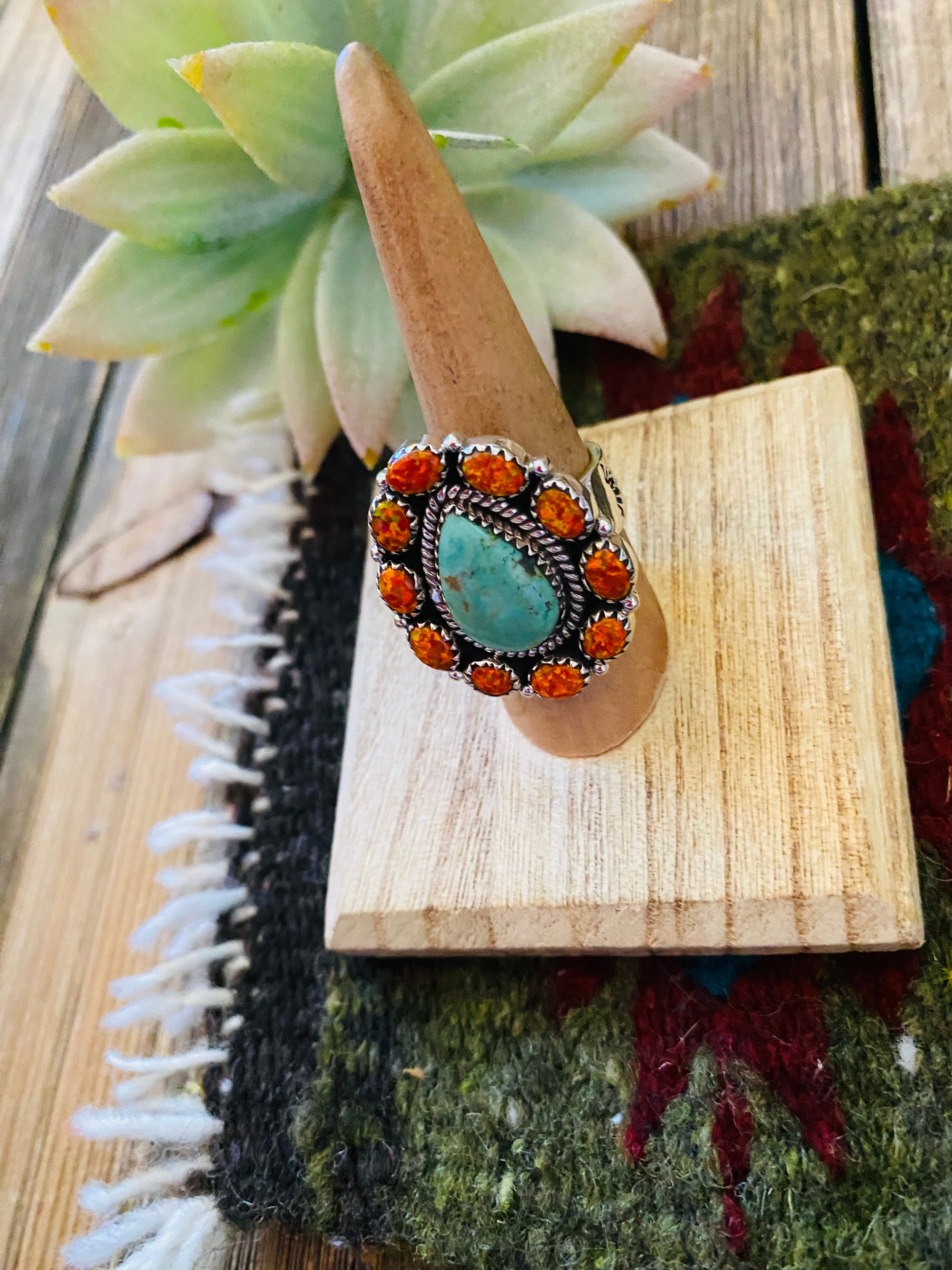 Handmade Sterling Silver, Turquoise & Opal Adjustable Ring