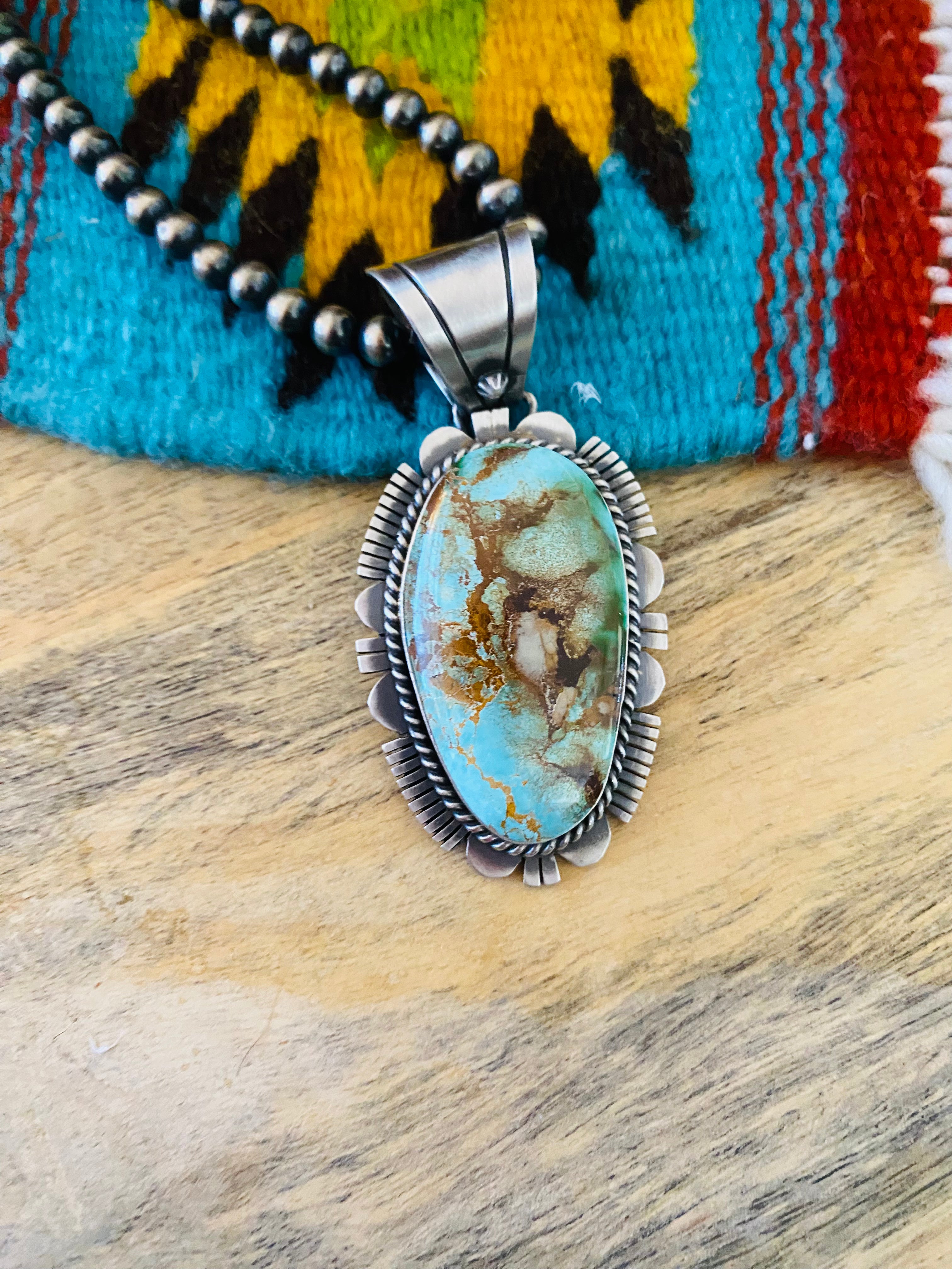 Handcrafted Royston Turquoise and Sterling Silver Pendant by Russell S Handcrafted Royston Turquoise and Sterling Silver Pendant by Russell S