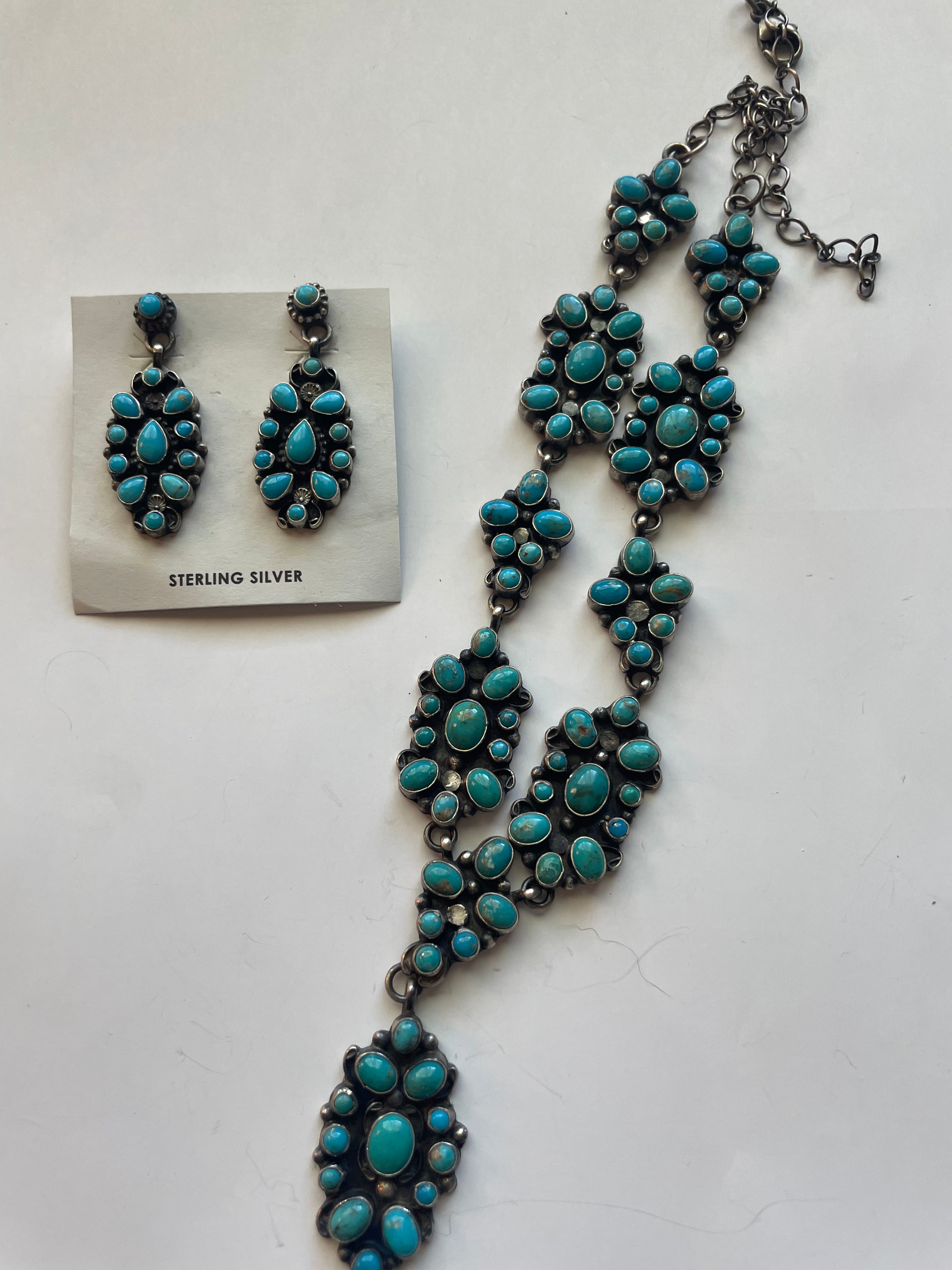 Sheila Becenti Navajo Sterling Silver Sleeping Beauty Turquoise Necklace & Earring Set Signed