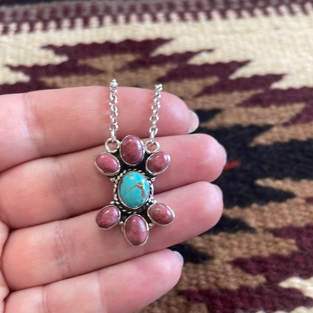 Handmade Sterling Silver, Rhodonite & Turquoise Necklace