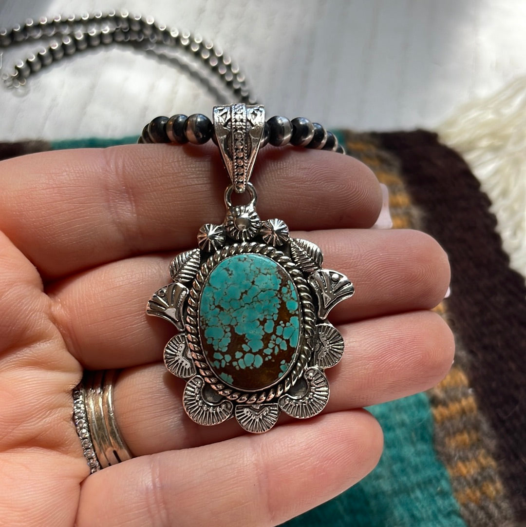 Handmade Sterling Silver & Number 8 Turquoise Pendant Signed Nizhoni