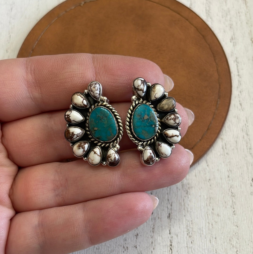 Nizhoni Wild Horse & Turquoise Sterling Silver Cluster Earrings