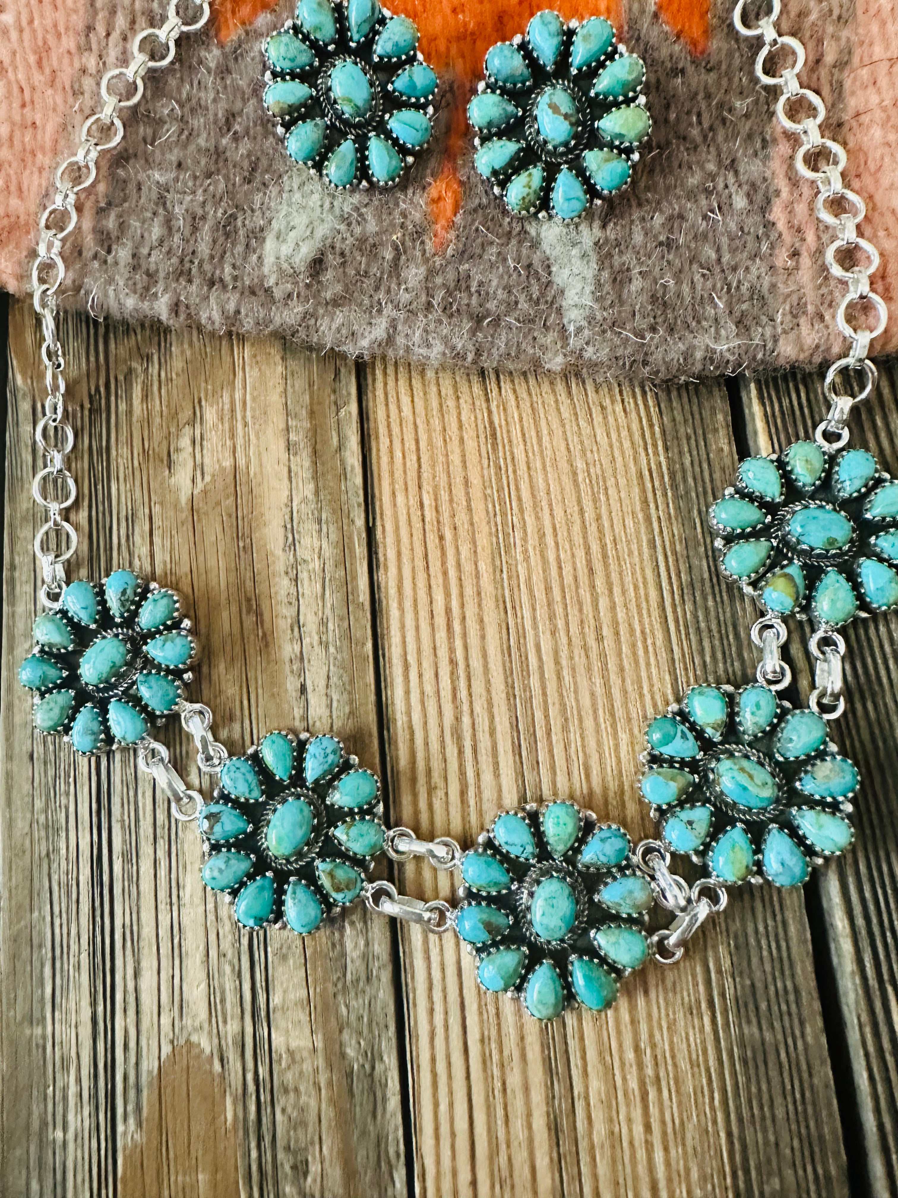 Handmade Sterling Silver & Kingman Turquoise Cluster Choker Set