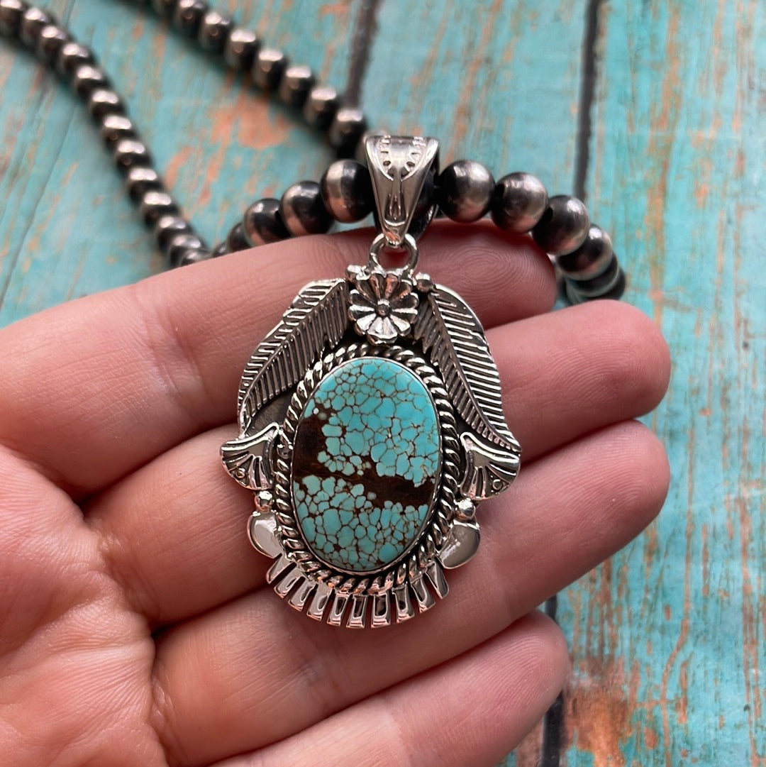 Handmade Sterling Silver & Number 8 Turquoise Pendant Signed Nizhoni