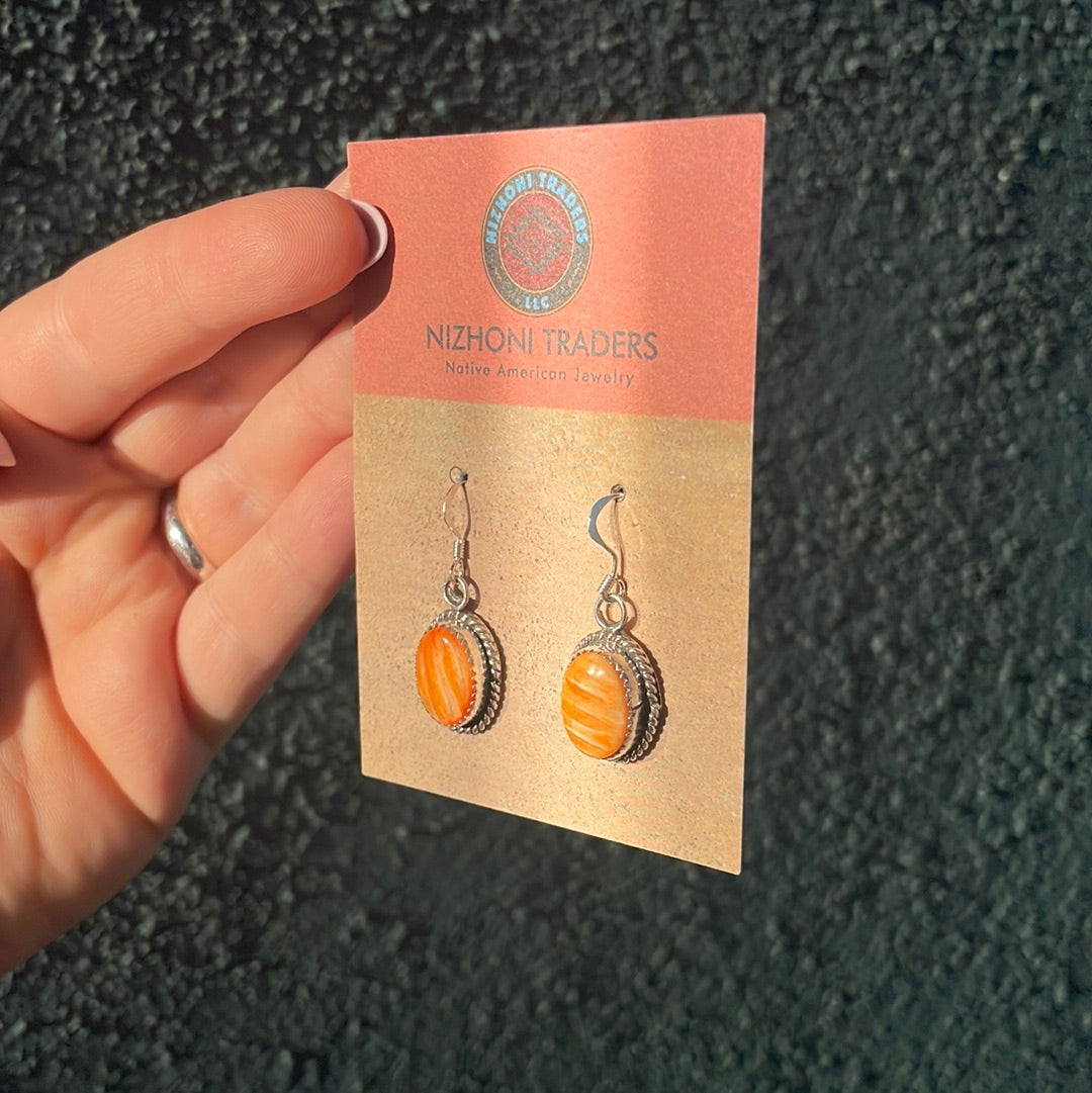 Navajo Orange Spiny & Sterling Silver Dangle Earrings