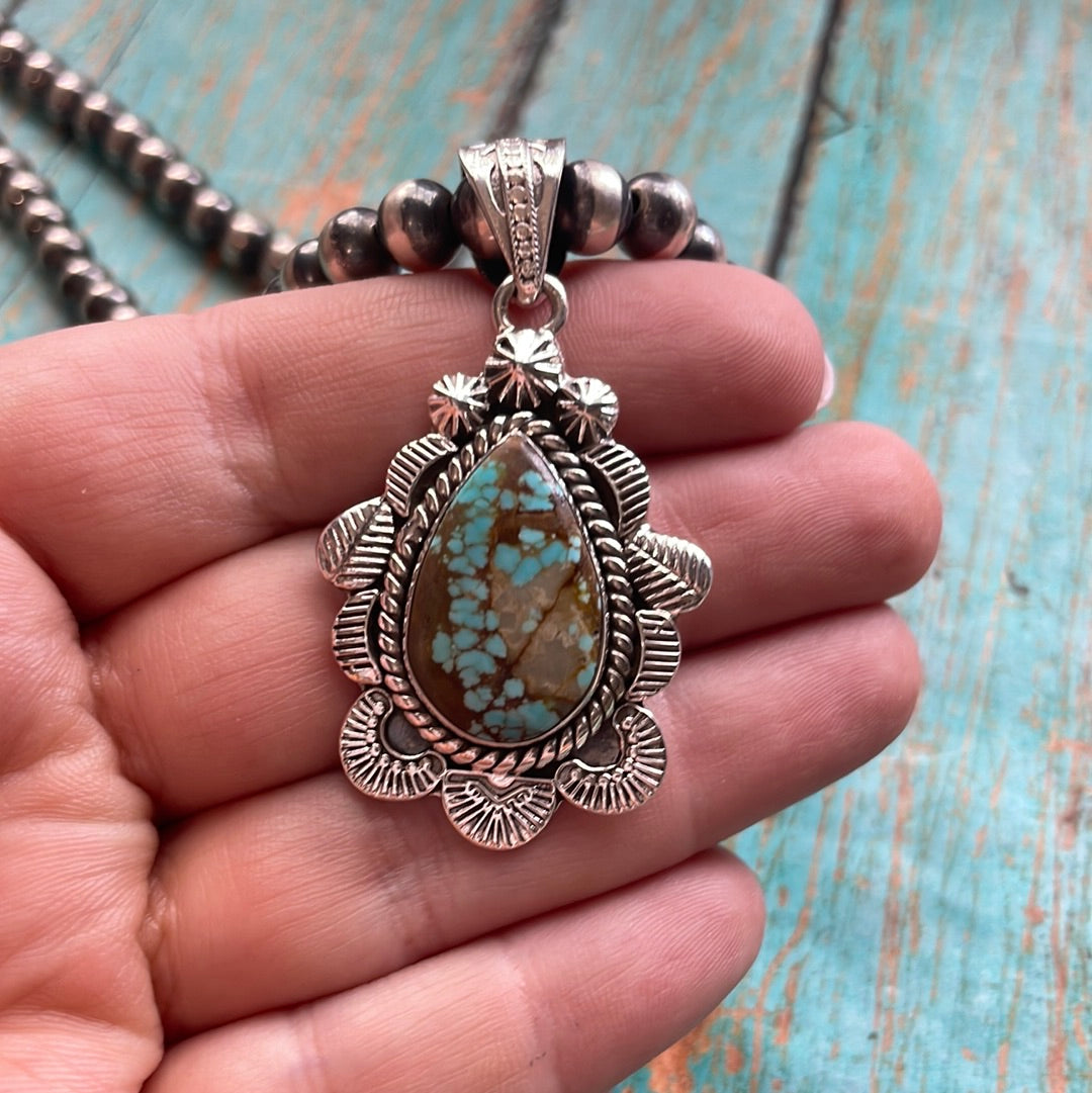 Handmade Sterling Silver & Number 8 Turquoise Pendant Signed Nizhoni