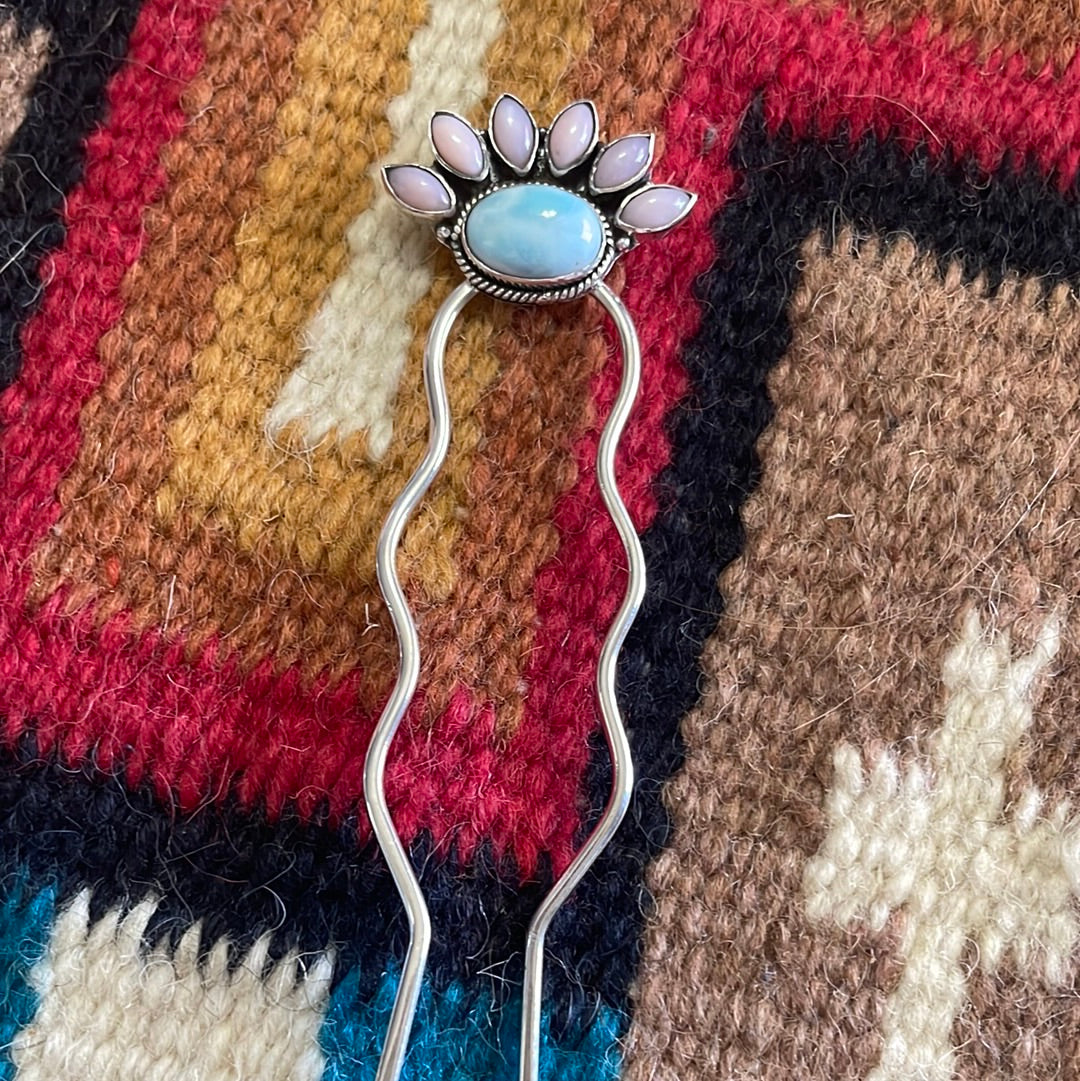 Handmade Larimar, Pink Conch & Sterling Silver Hair Pin