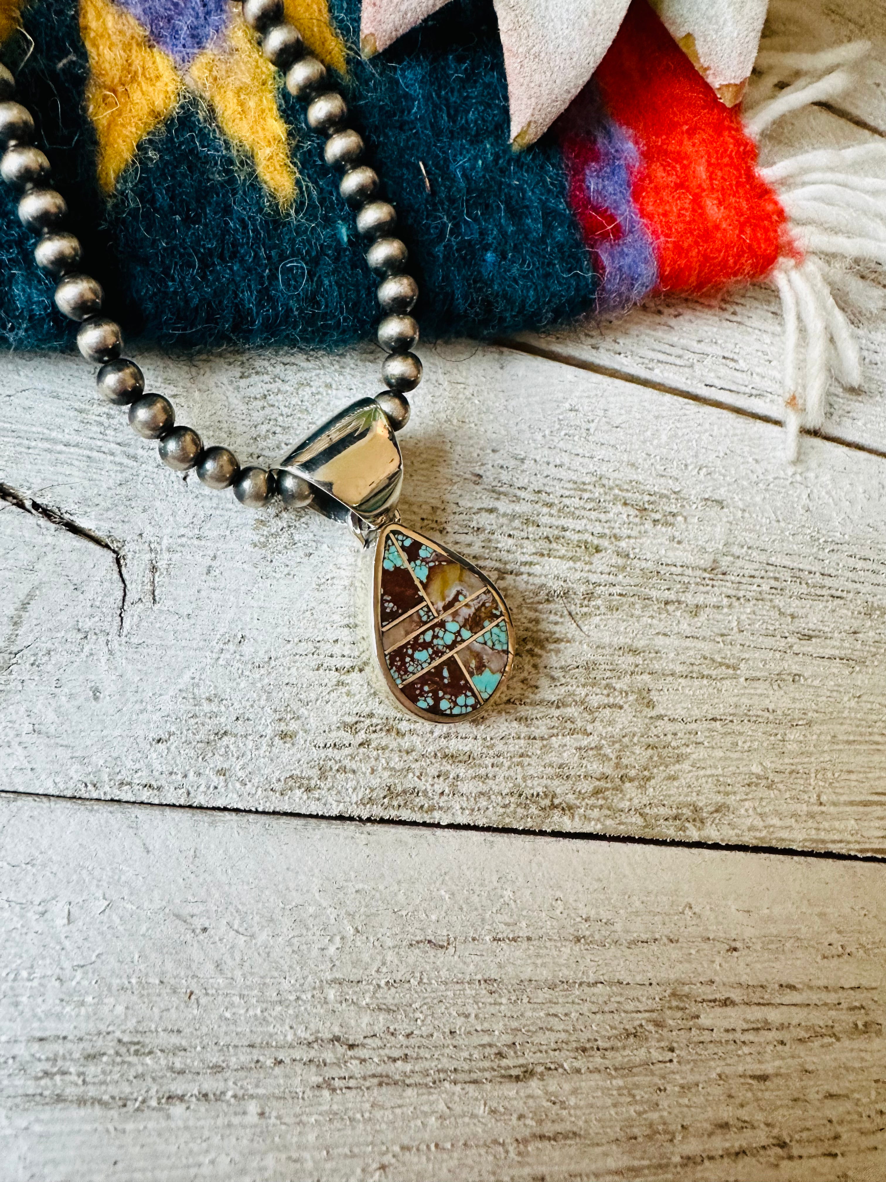 Navajo Number 8 Turquoise & Sterling Silver Teardrop Inlay Pendant