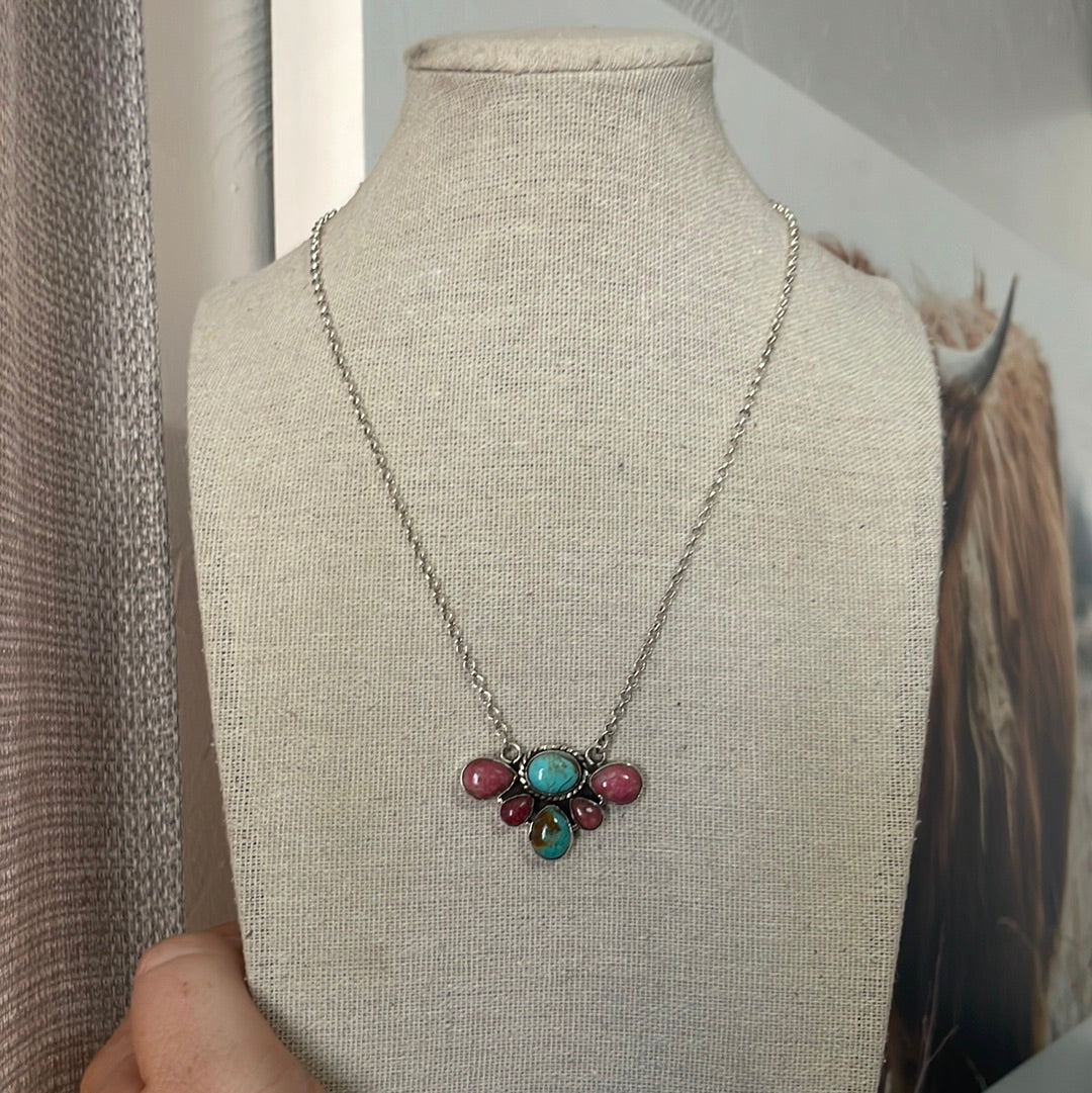 Handmade Sterling Silver, Rhodonite & Turquoise Necklace