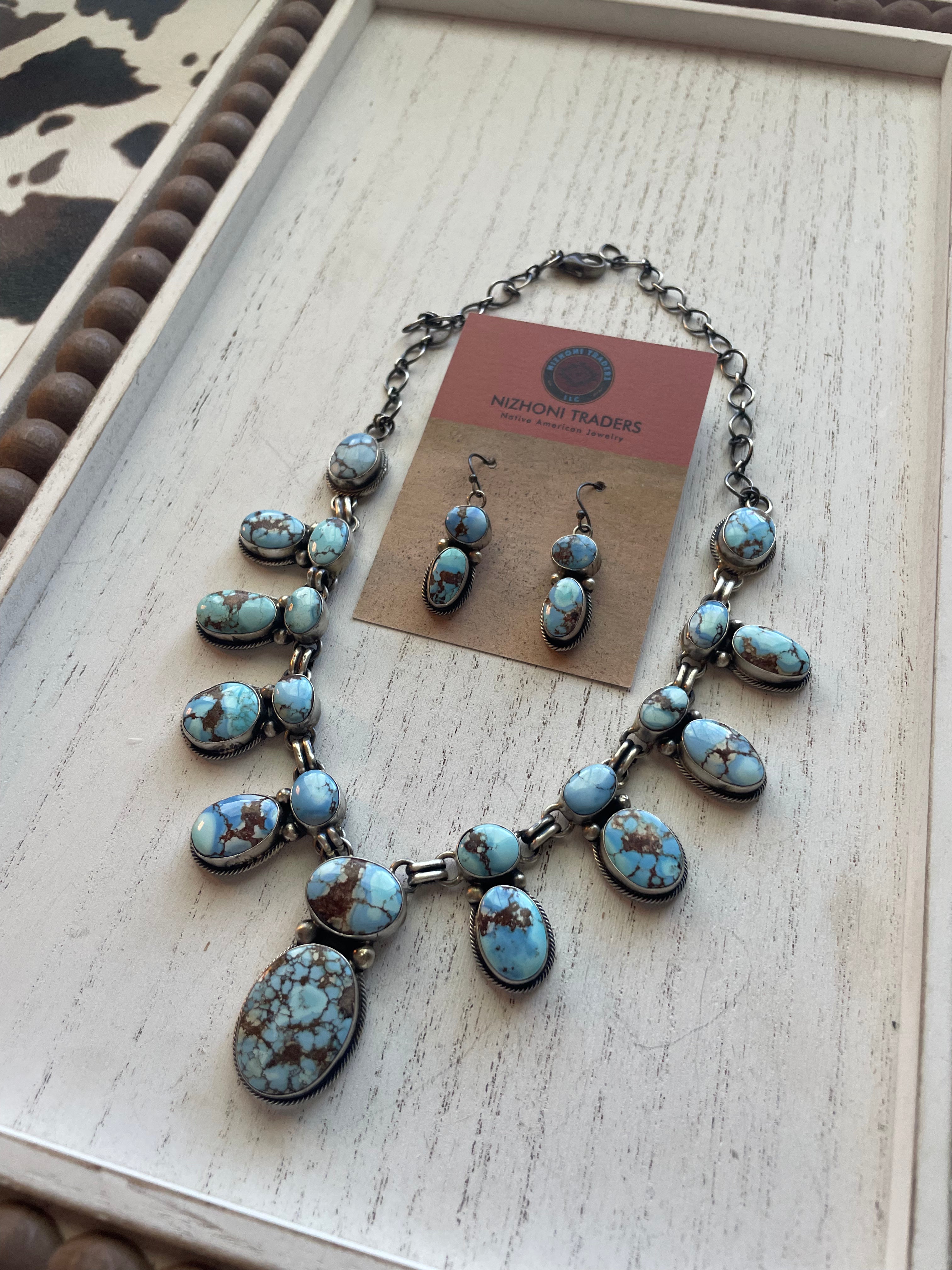 Paul Livingston Navajo Golden Hills Turquoise & Sterling Necklace Earring Set