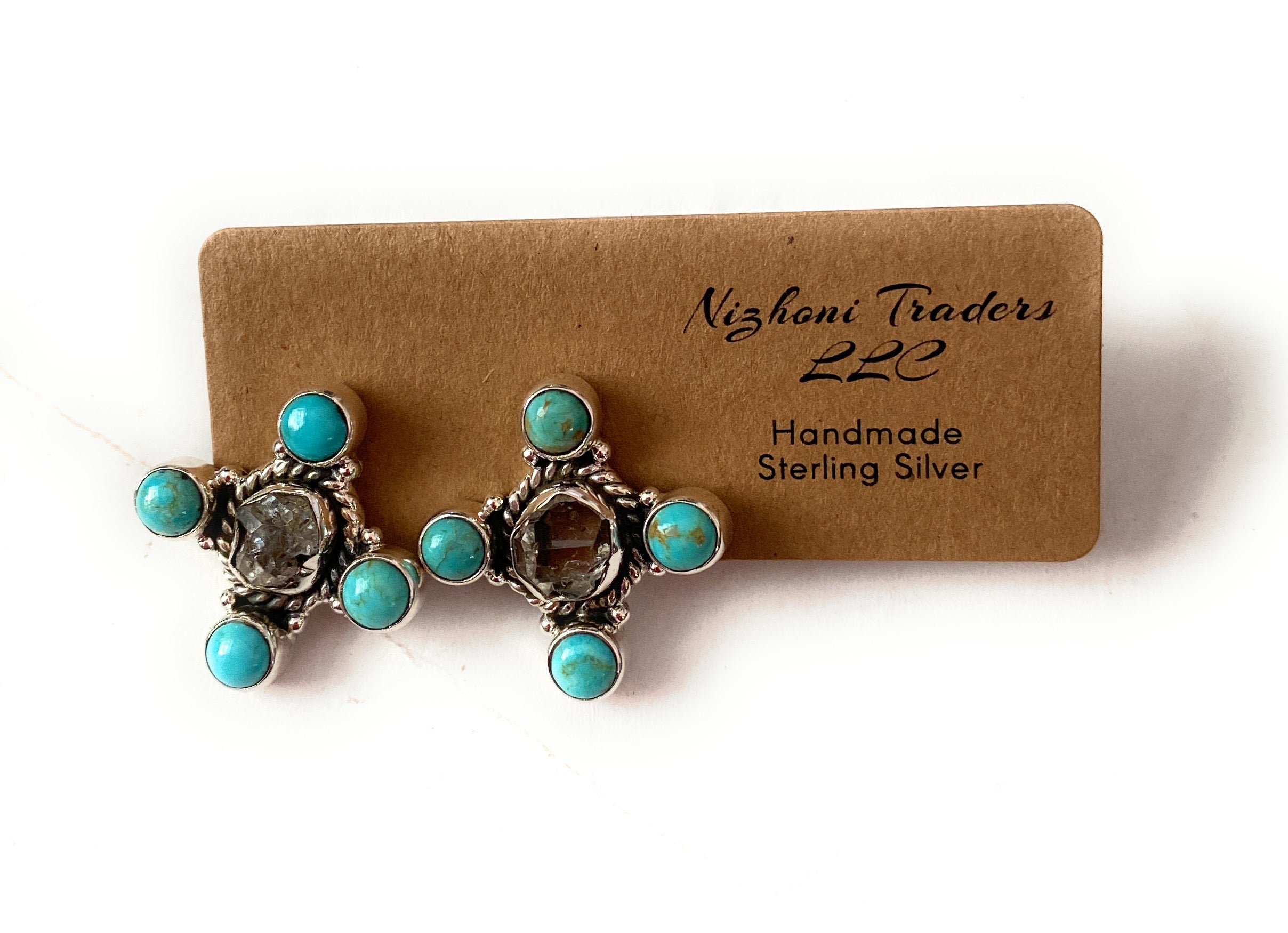 Handmade Herkimer Diamond, Turquoise & Sterling Silver Post Earrings Signed Nizhoni