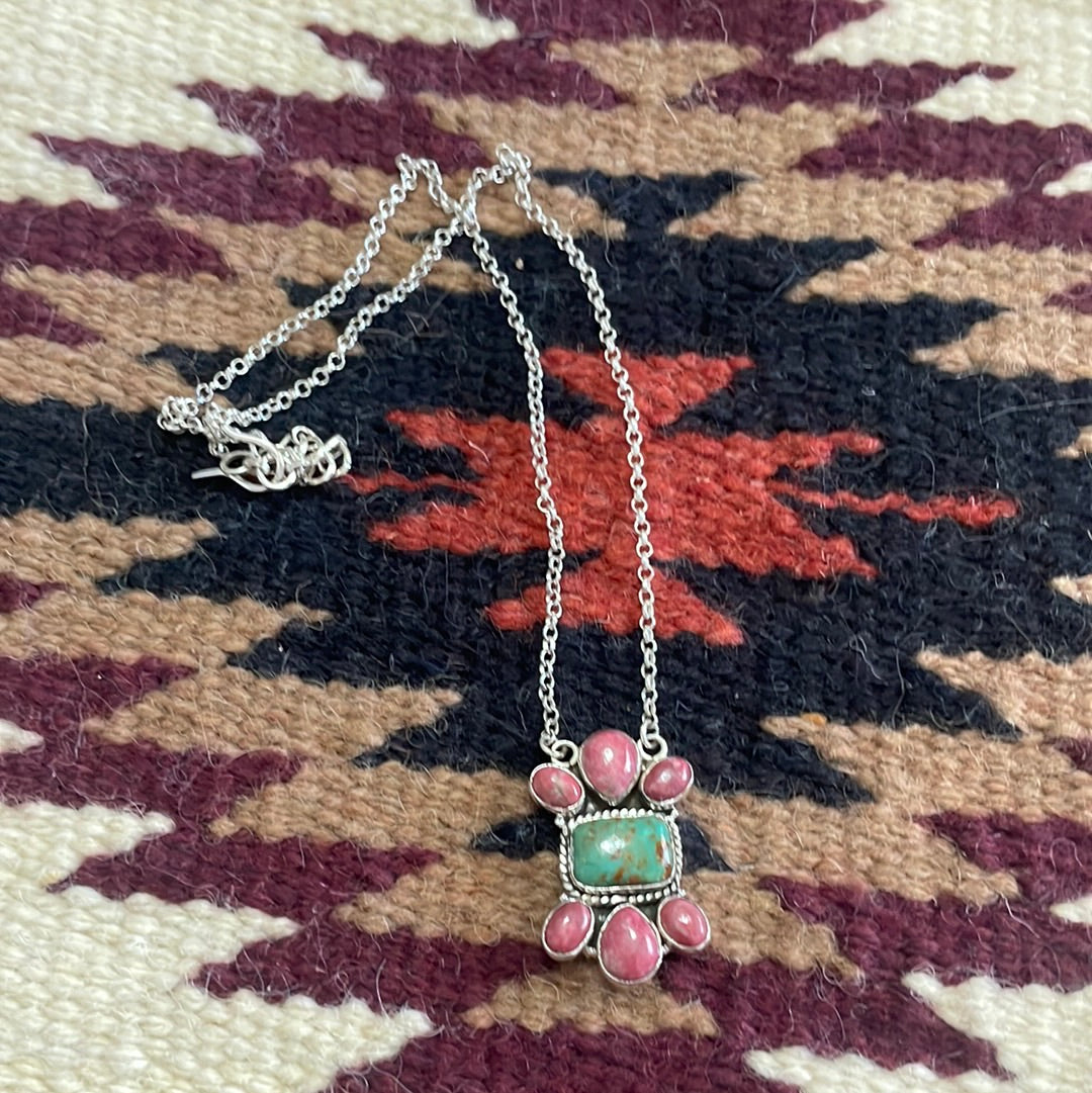 Handmade Sterling Silver, Rhodonite & Turquoise Necklace