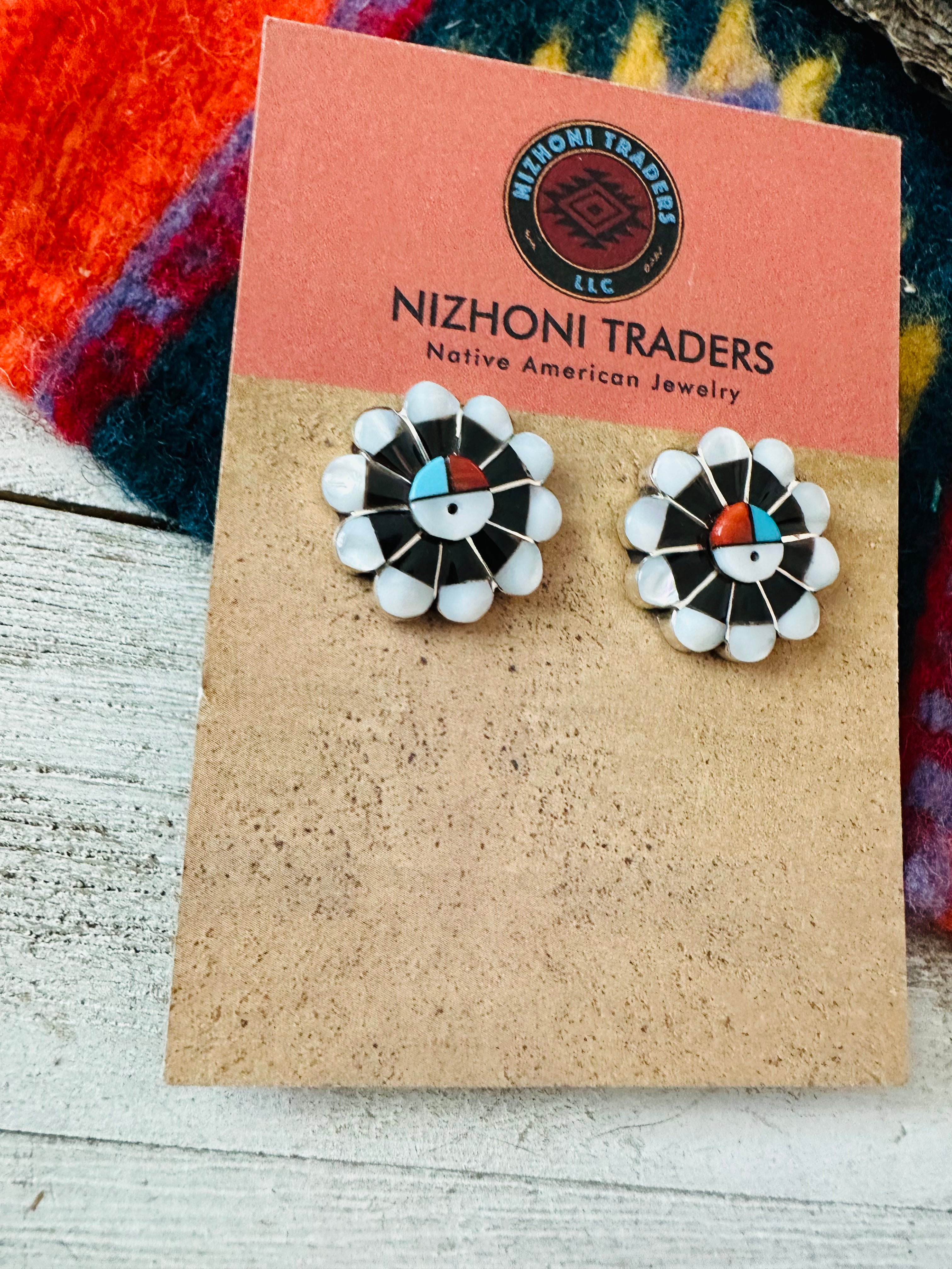 Zuni Sun Face Multi Stone & Sterling Silver Inlay Stud Earrings