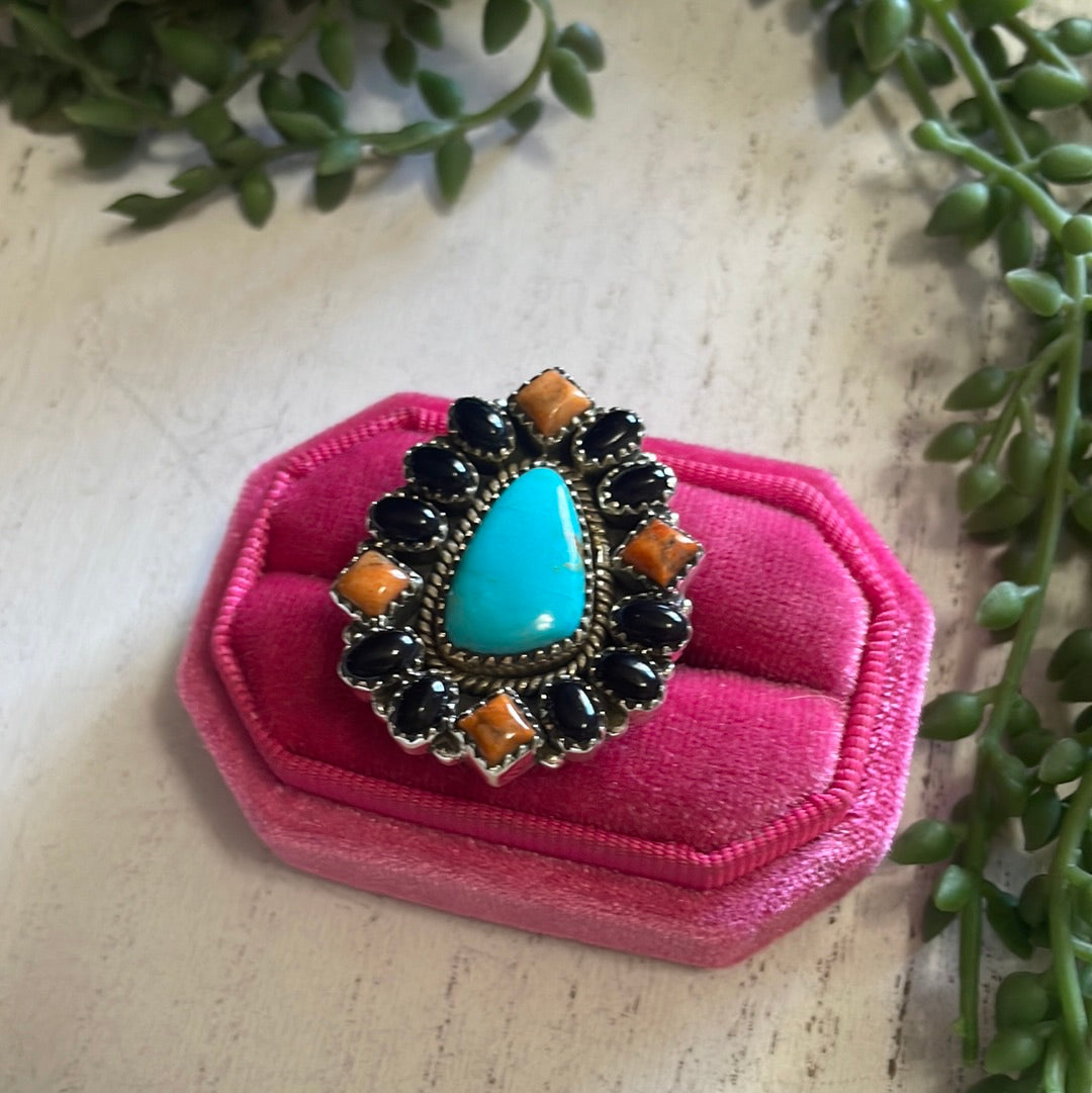 Nizhoni Handmade Turquoise, Black Onyx, Orange Mojave  And Sterling Silver Adjustable Ring