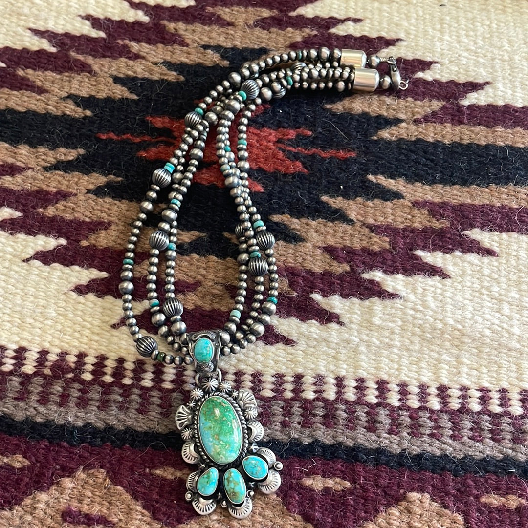 Beautiful Navajo Sterling Silver3 Strand Beaded Turquoise Necklace With Pendant Signed Gilbert Tom