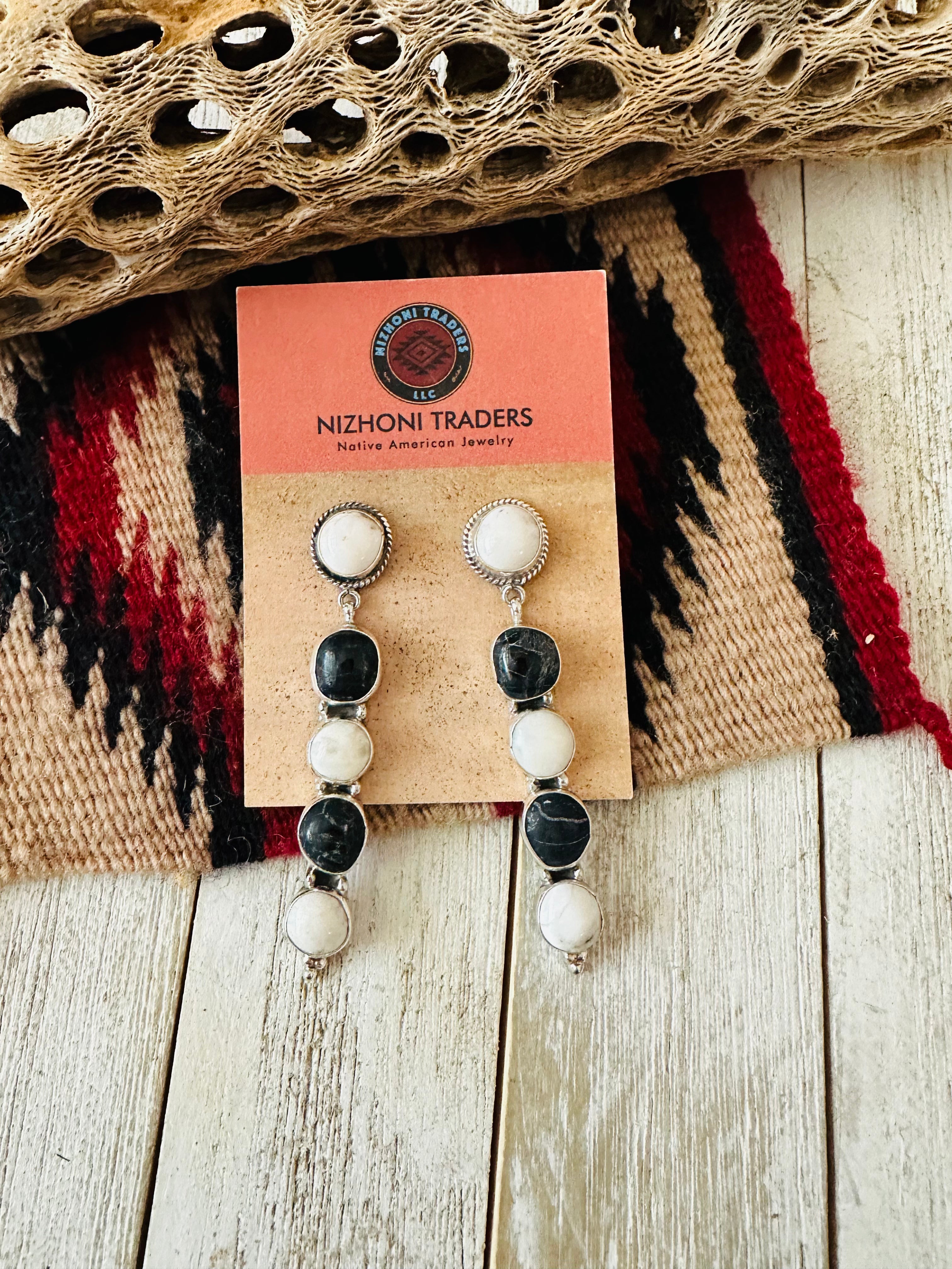 Navajo White Buffalo and Sterling Silver Dangle Earrings