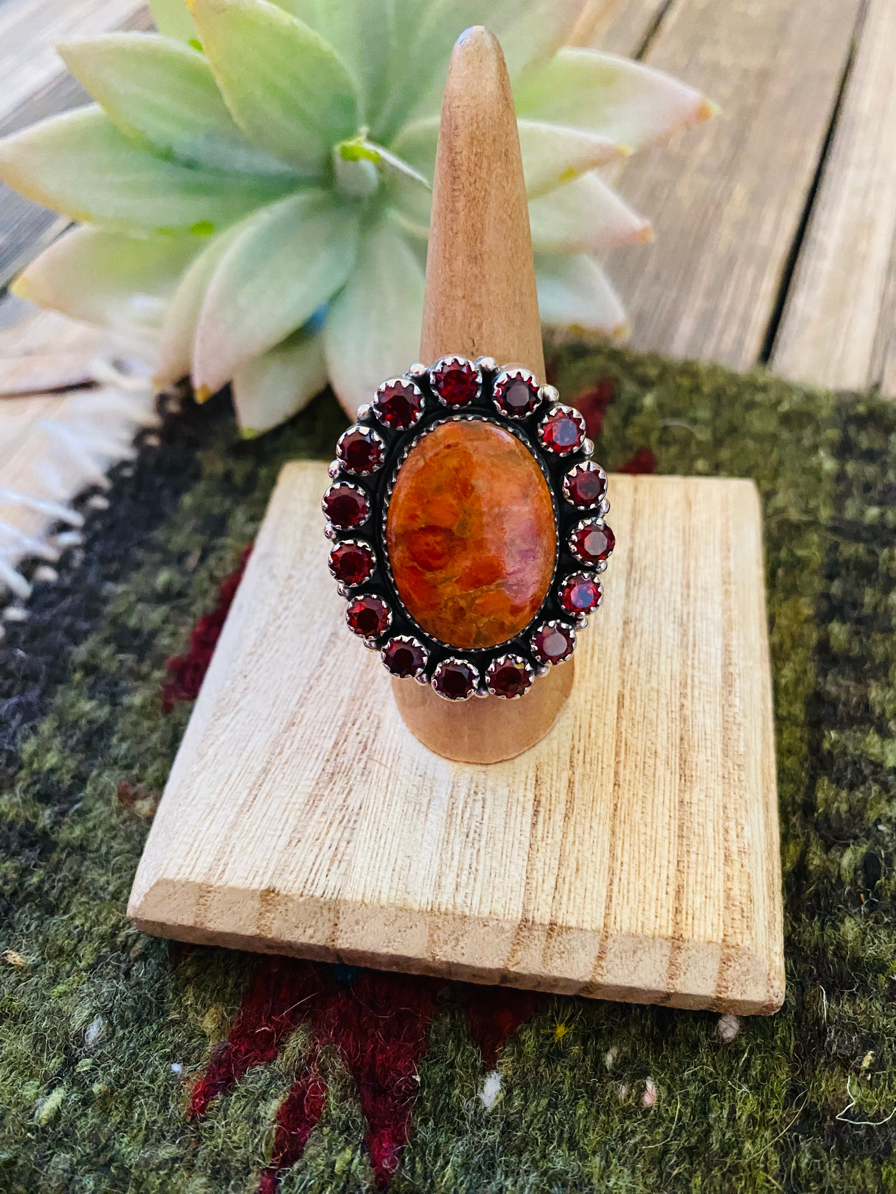 Handmade Sterling Silver, Garnet & Orange Mojave Adjustable Ring