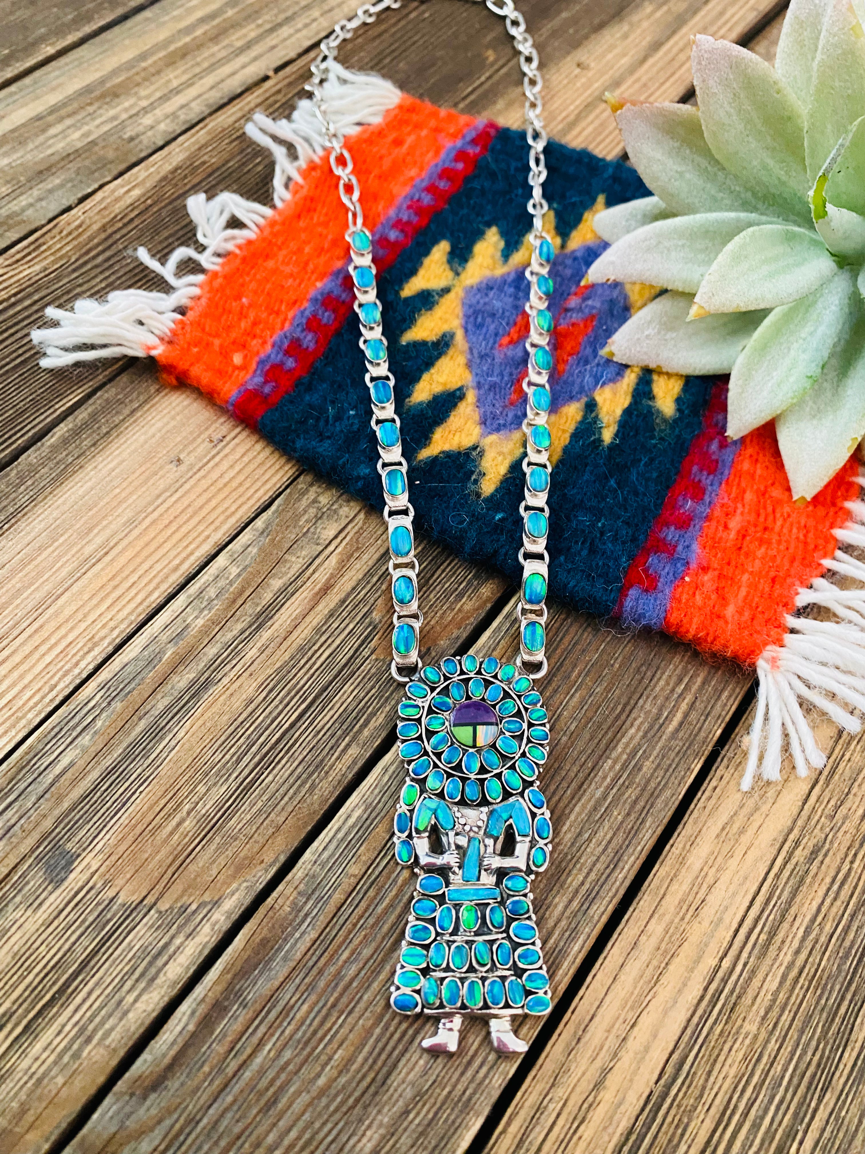 Gorgeous Handmade Sterling Silver & Multi Stone Inlay Kachina Necklace