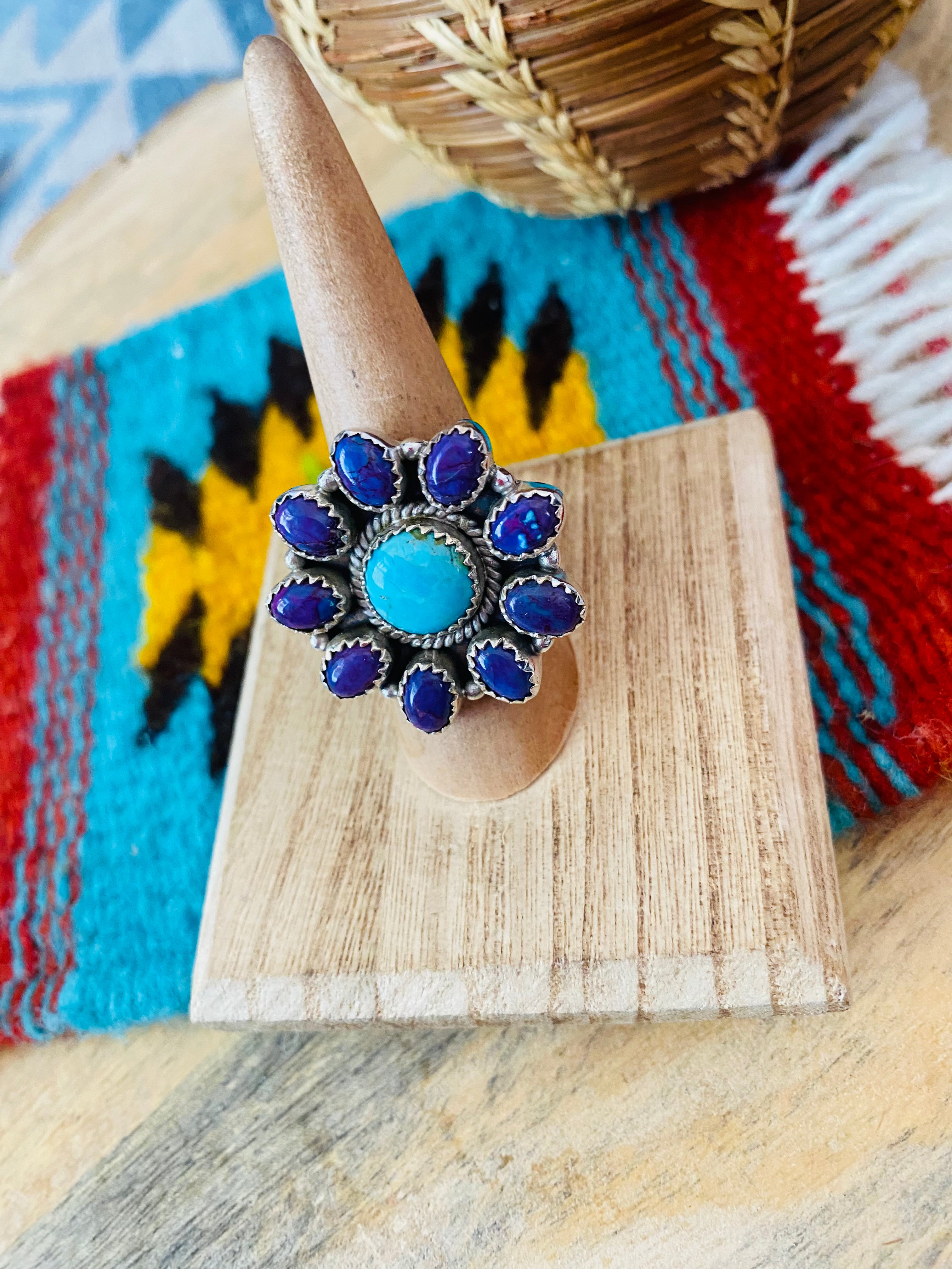 Handmade Sterling Silver, Turquoise & Purple Mojave Cluster Adjustable Ring