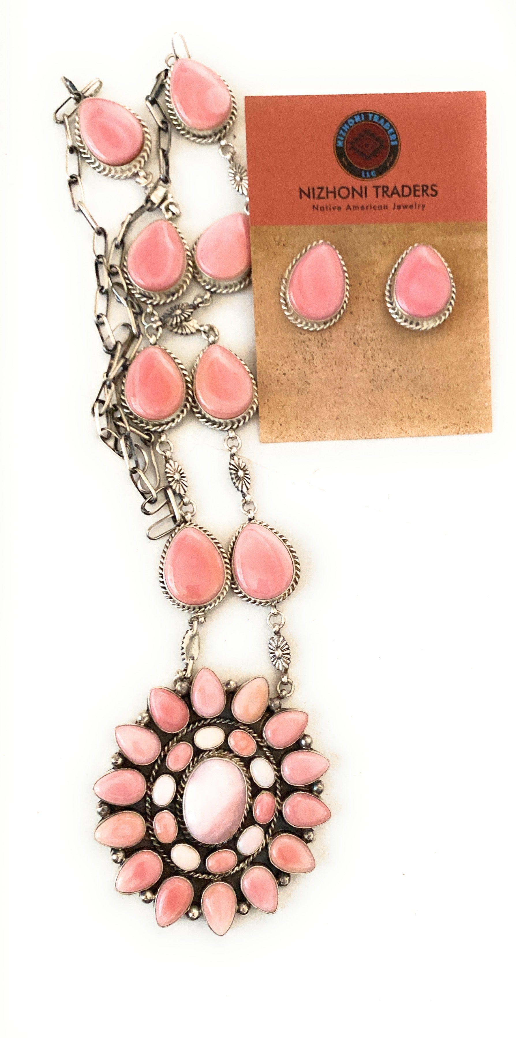 Navajo Pink Conch And Sterling Silver Necklace Earrings Set Signed Phyllis Smith