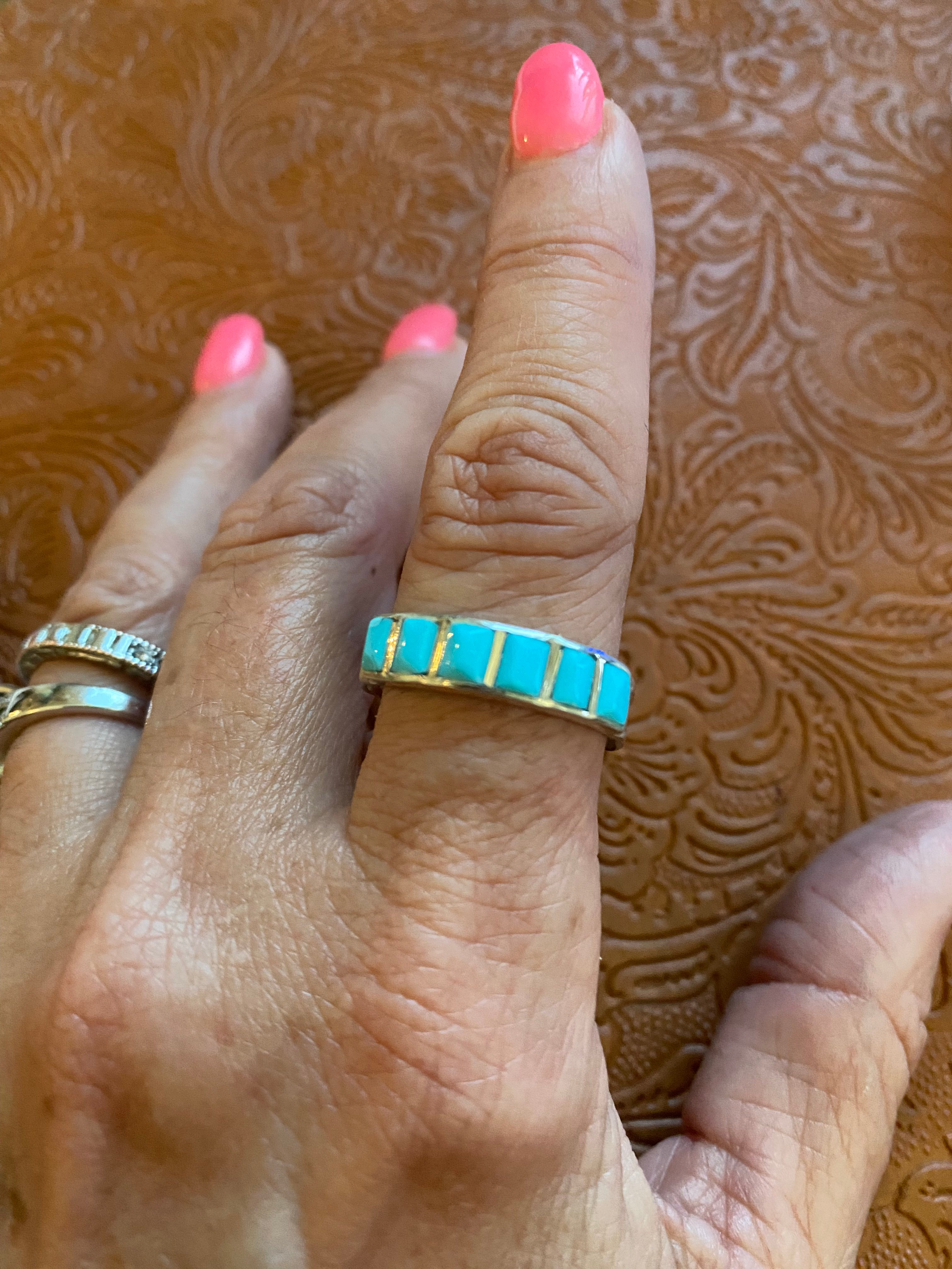 Zuni Sterling Silver & Six Stone Turquoise Stone Inlay Band Ring