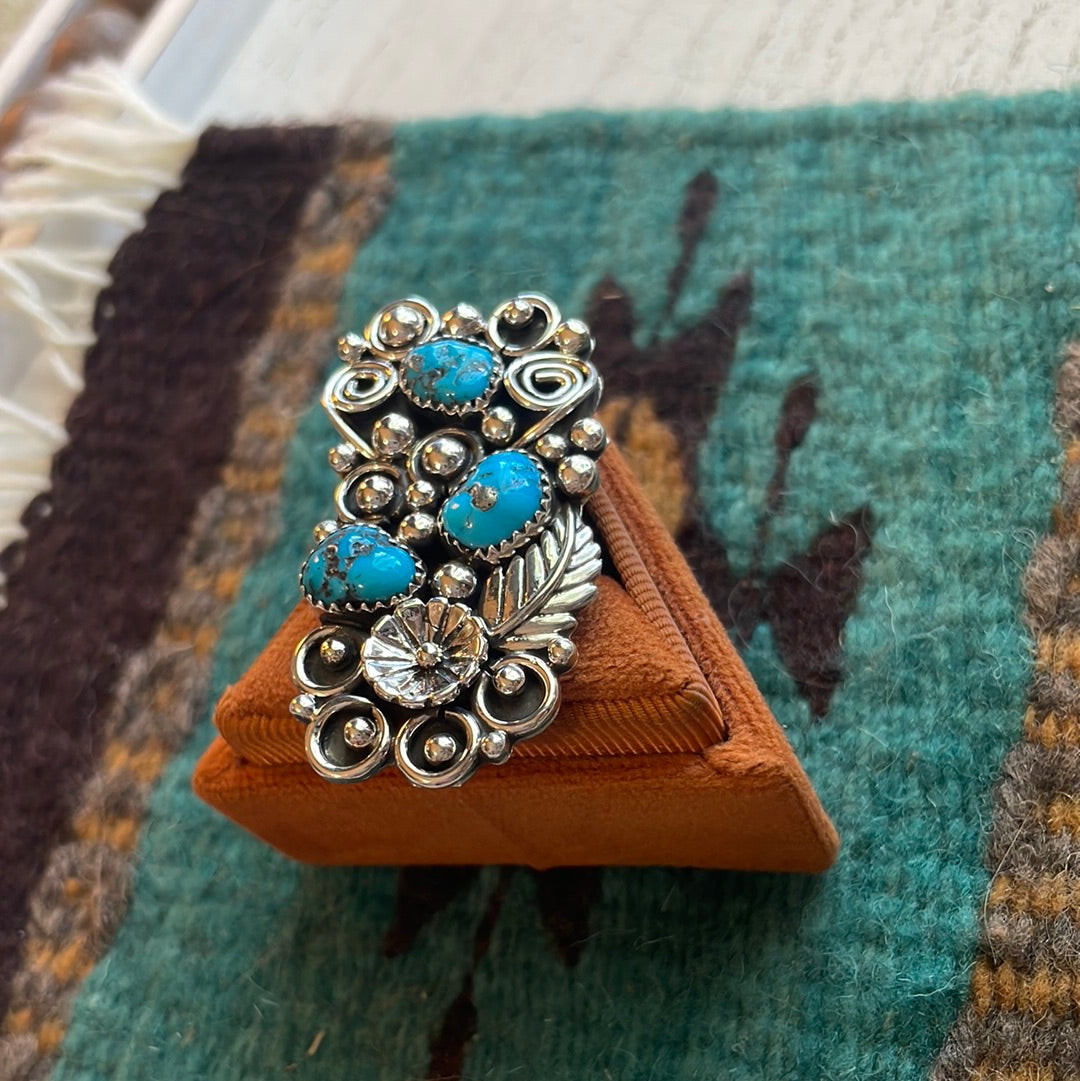 Navajo Sterling Silver & Turquoise Flower Ring Size 11