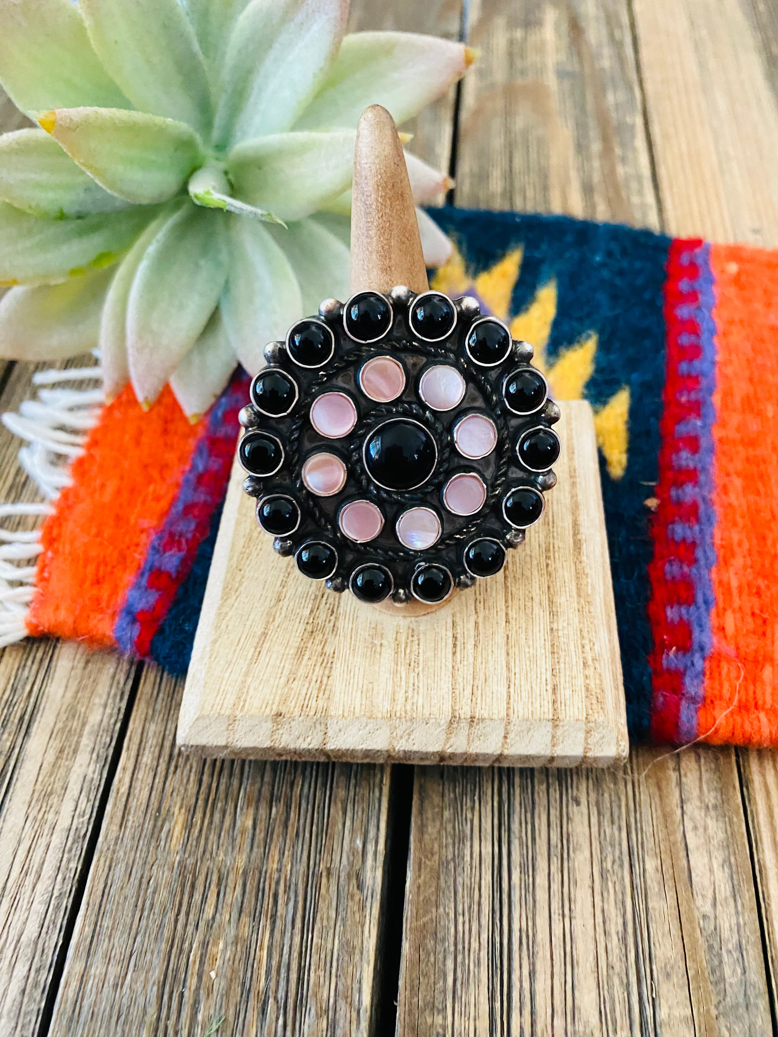 Navajo Sterling Silver, Onyx & Mother of Pearl Cluster Ring Size 9