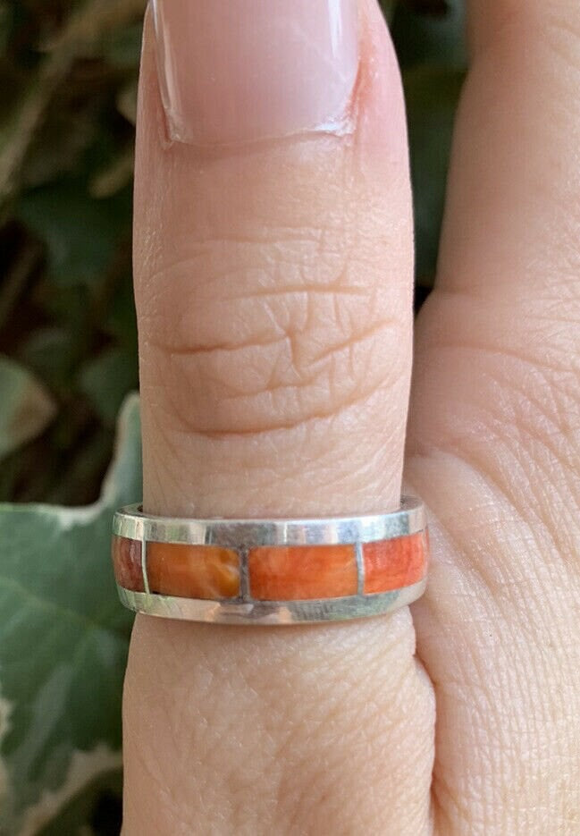 Navajo Sterling Silver & Orange Spiny Inlayed Stacker Ring