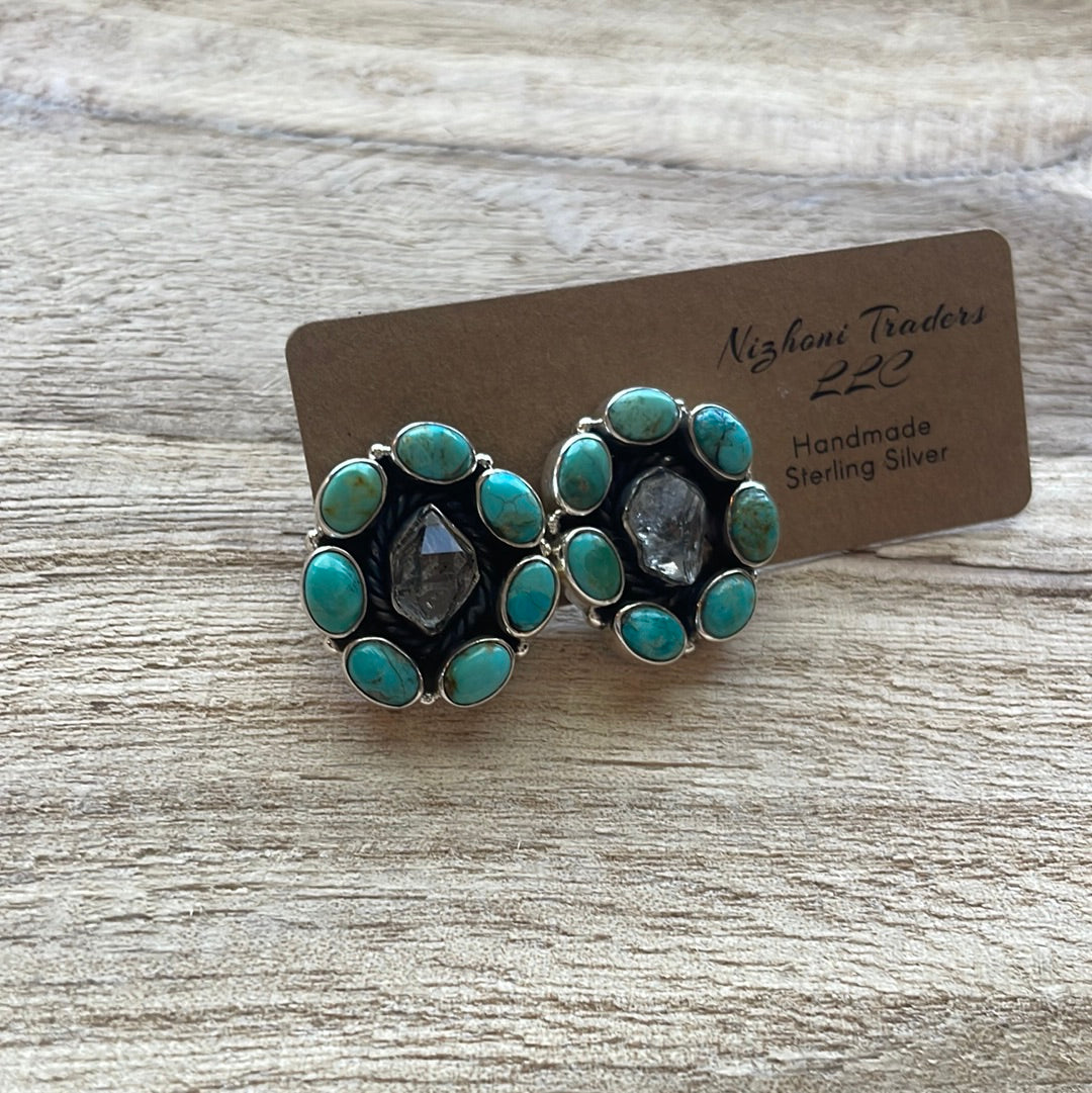 Handmade Turquoise, Herkimer Diamond And Sterling Silver Sedona Earrings Signed Nizhoni