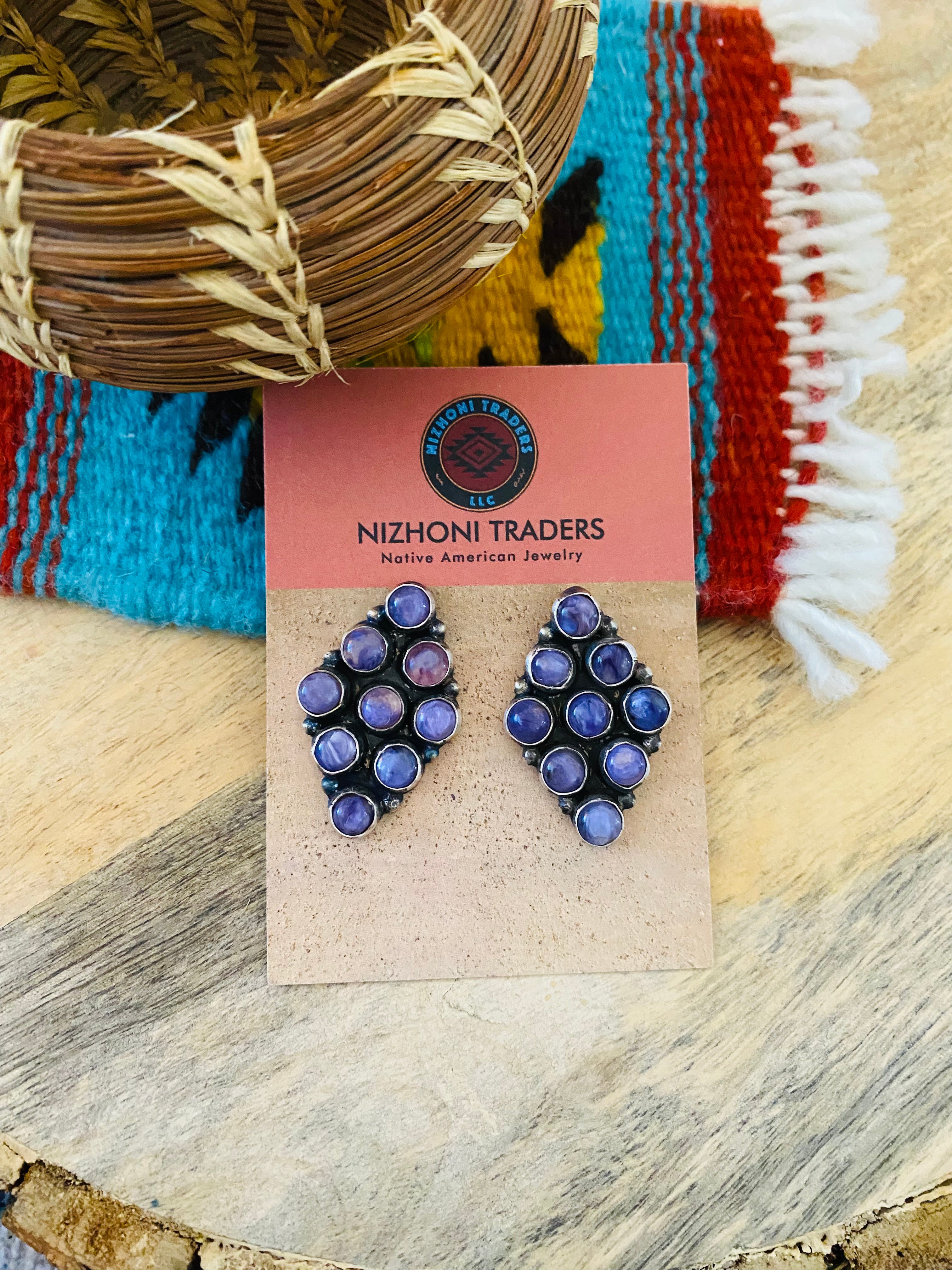 Navajo Charoite & Sterling Silver Cluster Earrings