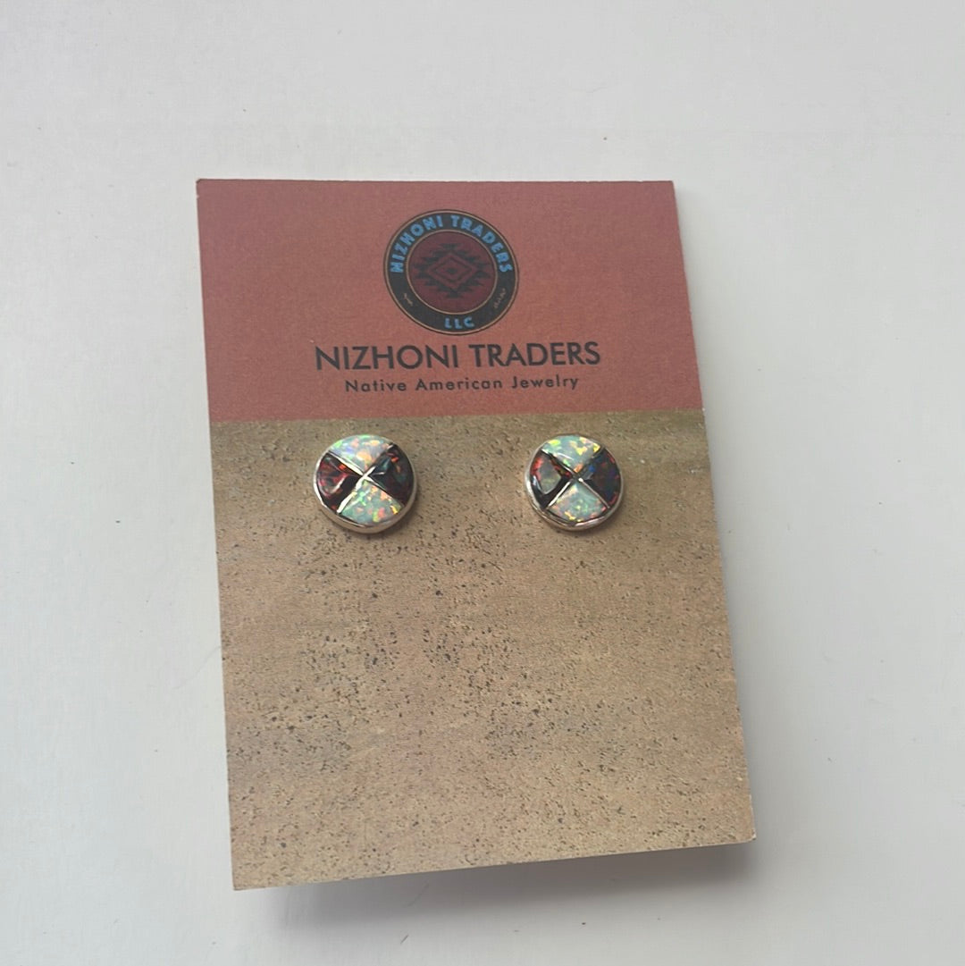 Navajo White & Red Opal Inlay & Sterling Silver Stud Earrings