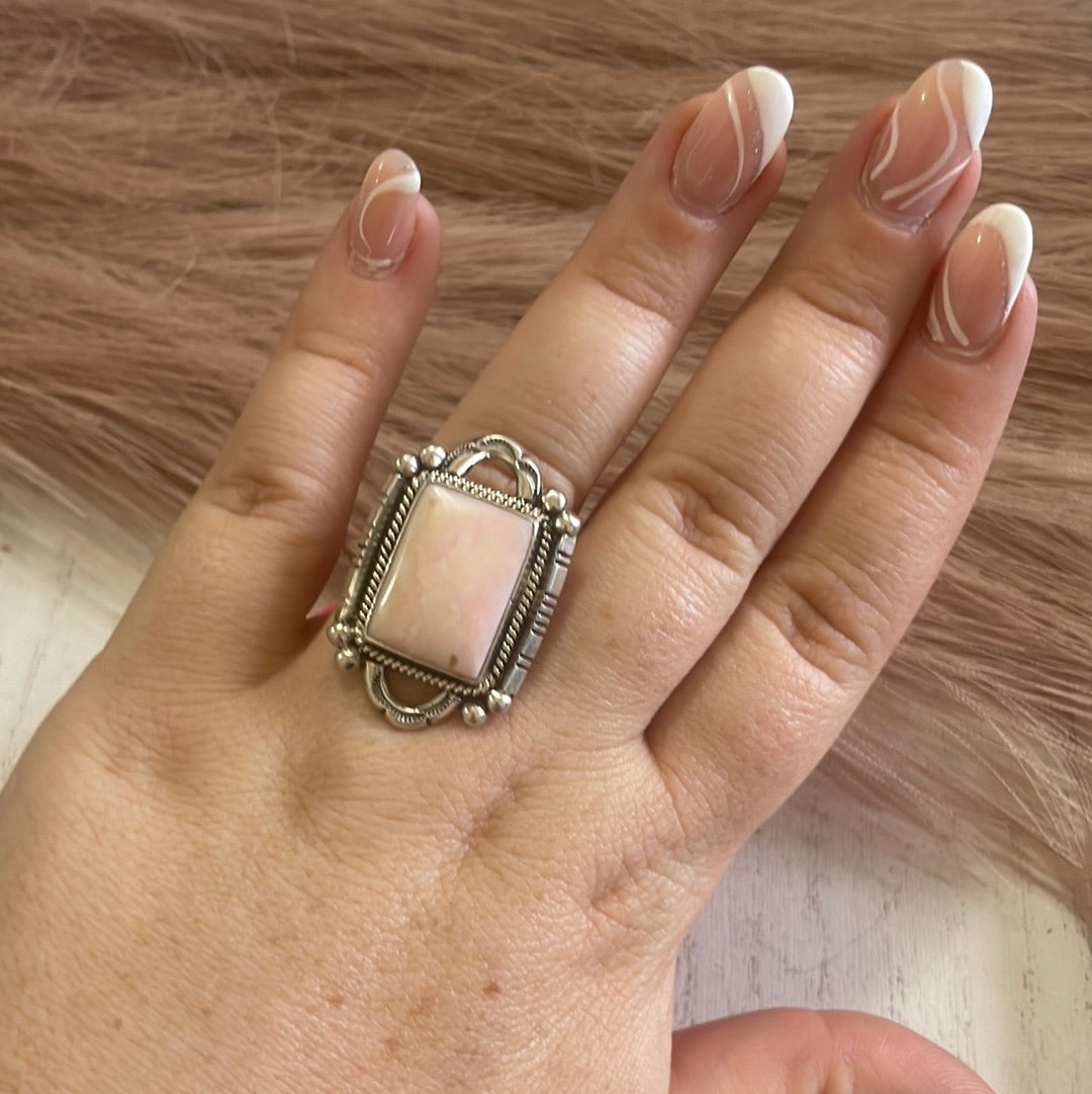 Gorgeous Navajo Pink Peruvian Opal And Sterling Silver Adjustable Ring