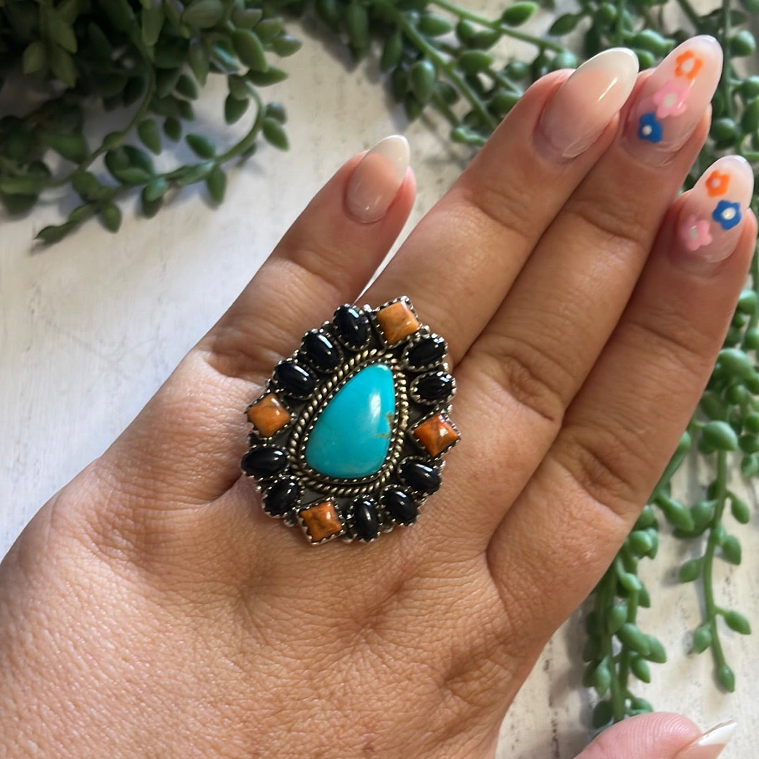 Nizhoni Handmade Turquoise, Black Onyx, Orange Mojave  And Sterling Silver Adjustable Ring