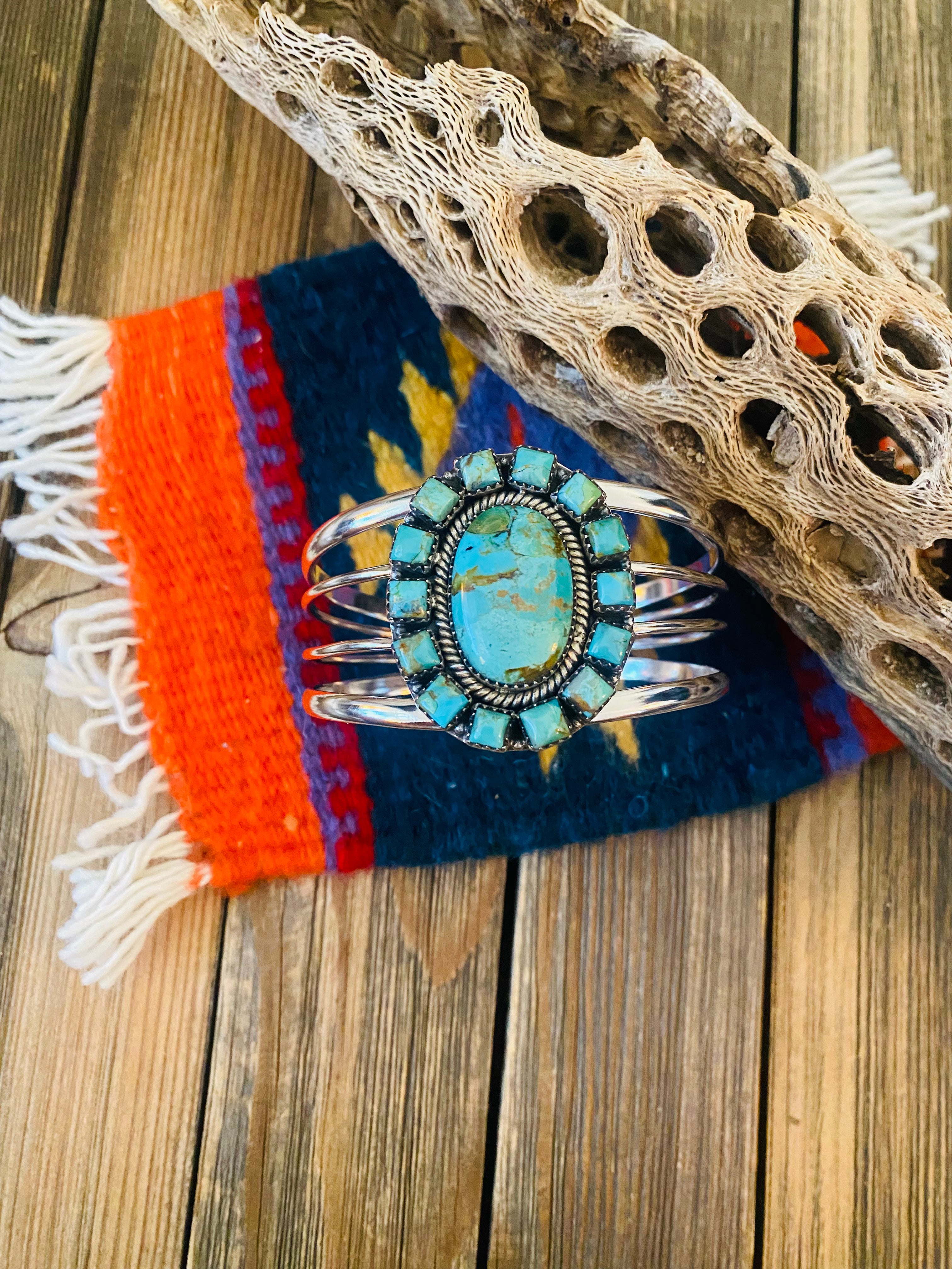 Handmade Sterling Silver & Royston Turquoise Cluster Cuff Bracelet