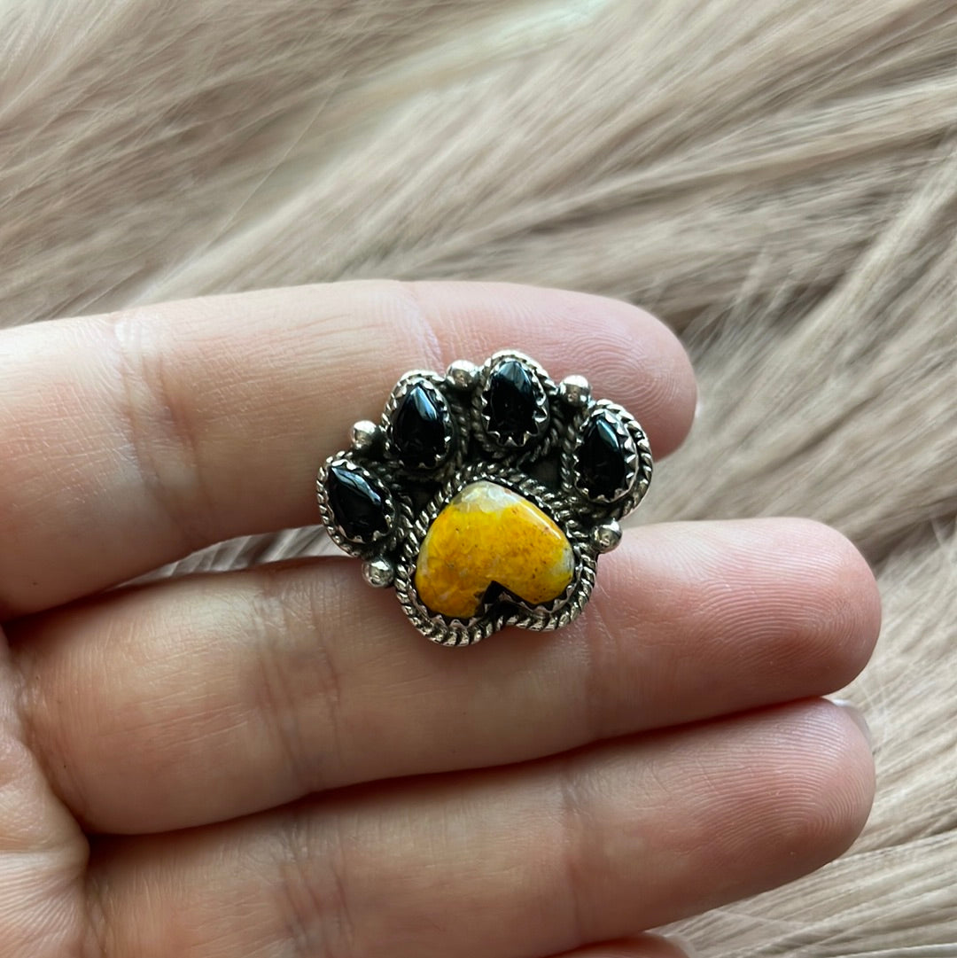 Handmade Bear Paw Black Onyx, Bumble Bee  & Sterling Silver Adjustable Ring