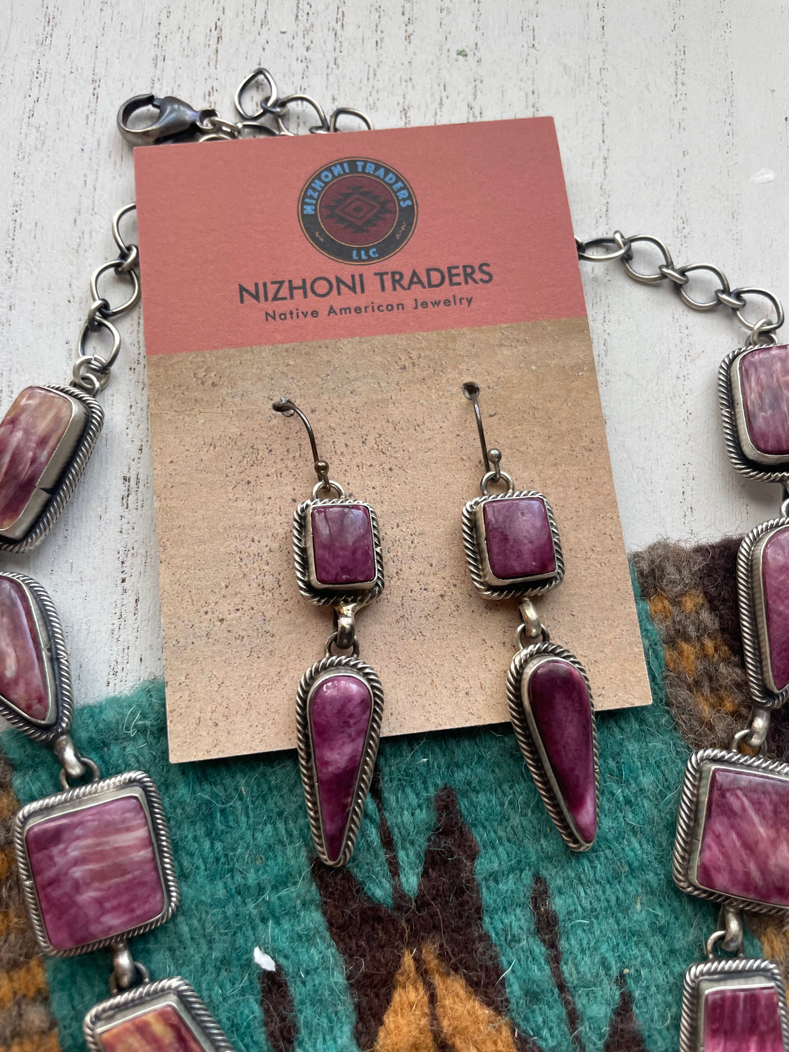 Navajo Purple Spiny And Sterling Silver Necklace & Earrings Signed