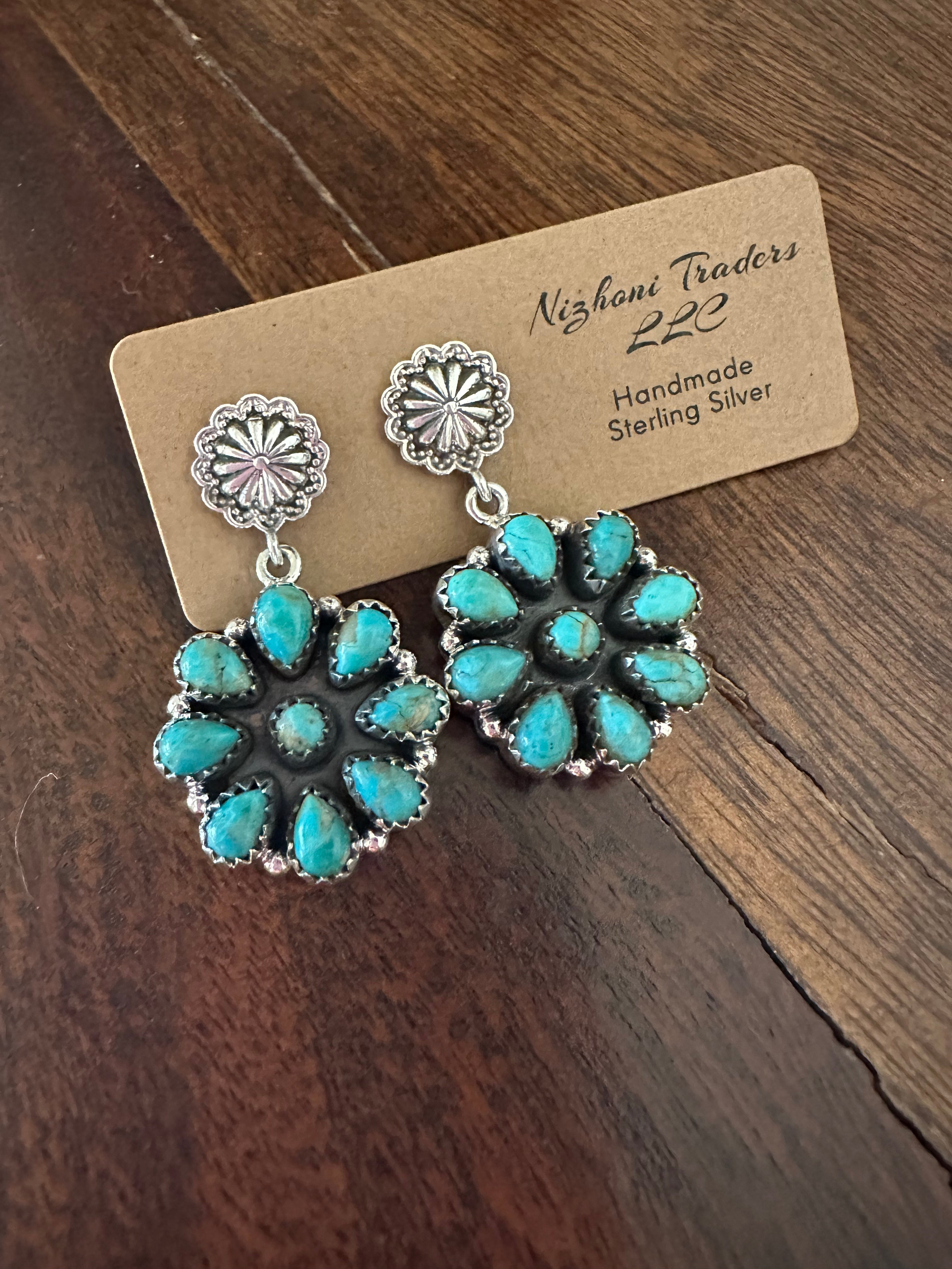 Handmade Royston Turquoise Concho Post Dangle Earrings