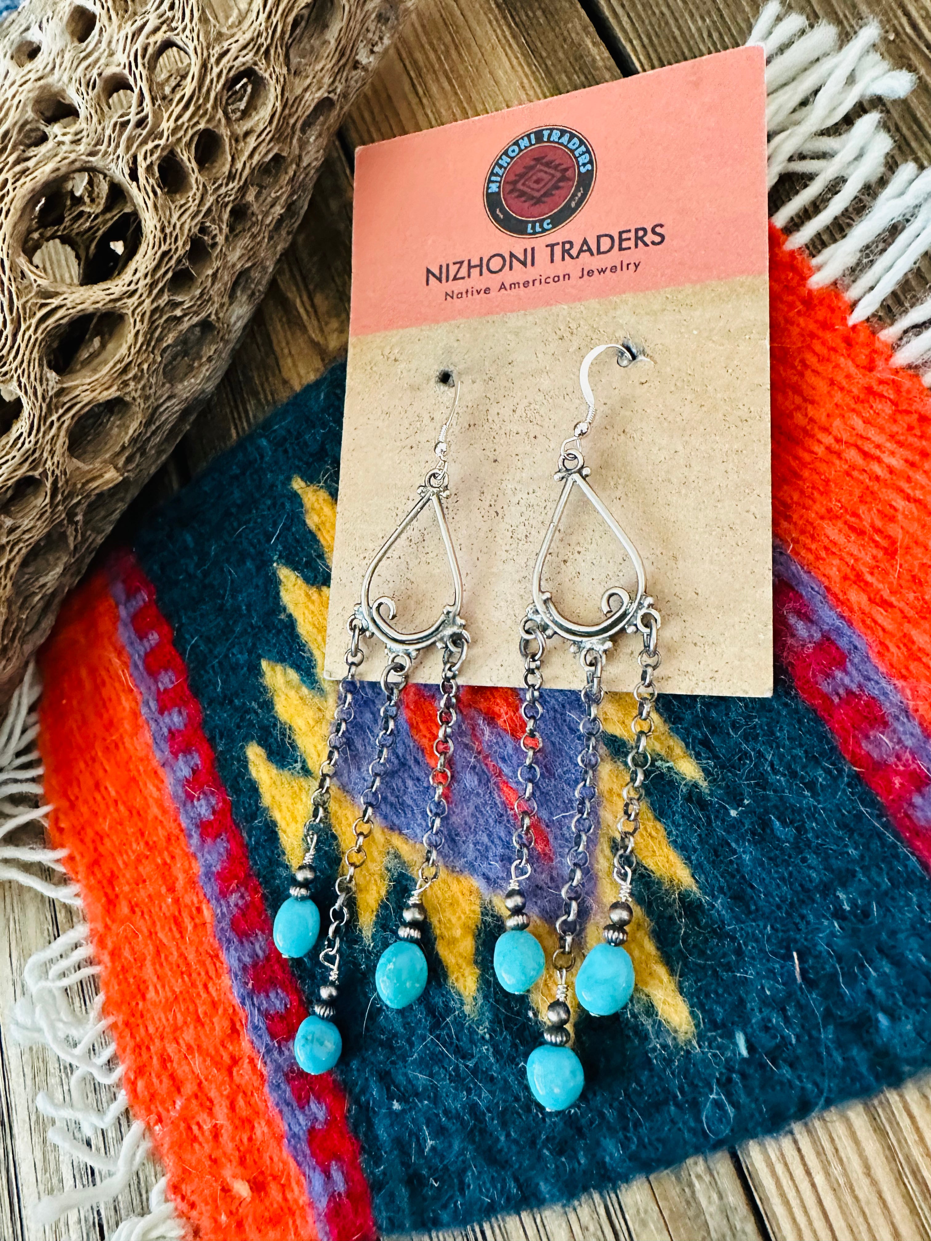 Navajo Sterling Silver & Turquoise Beaded Chain Dangle Earrings