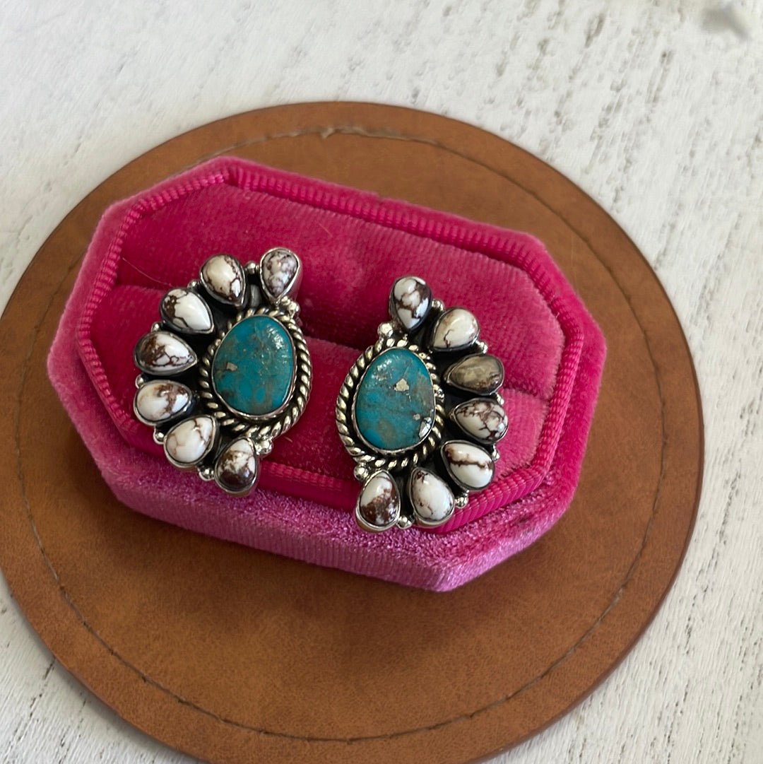 Nizhoni Wild Horse & Turquoise Sterling Silver Cluster Earrings