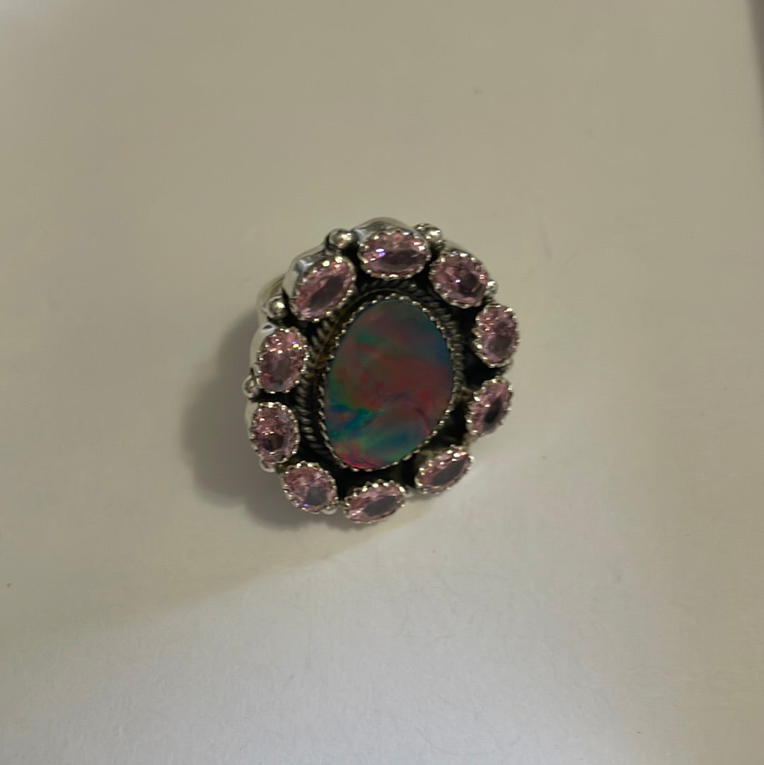 Nizhoni Handmade Arora Opal, Pink Cz And Sterling Silver Adjustable Ring