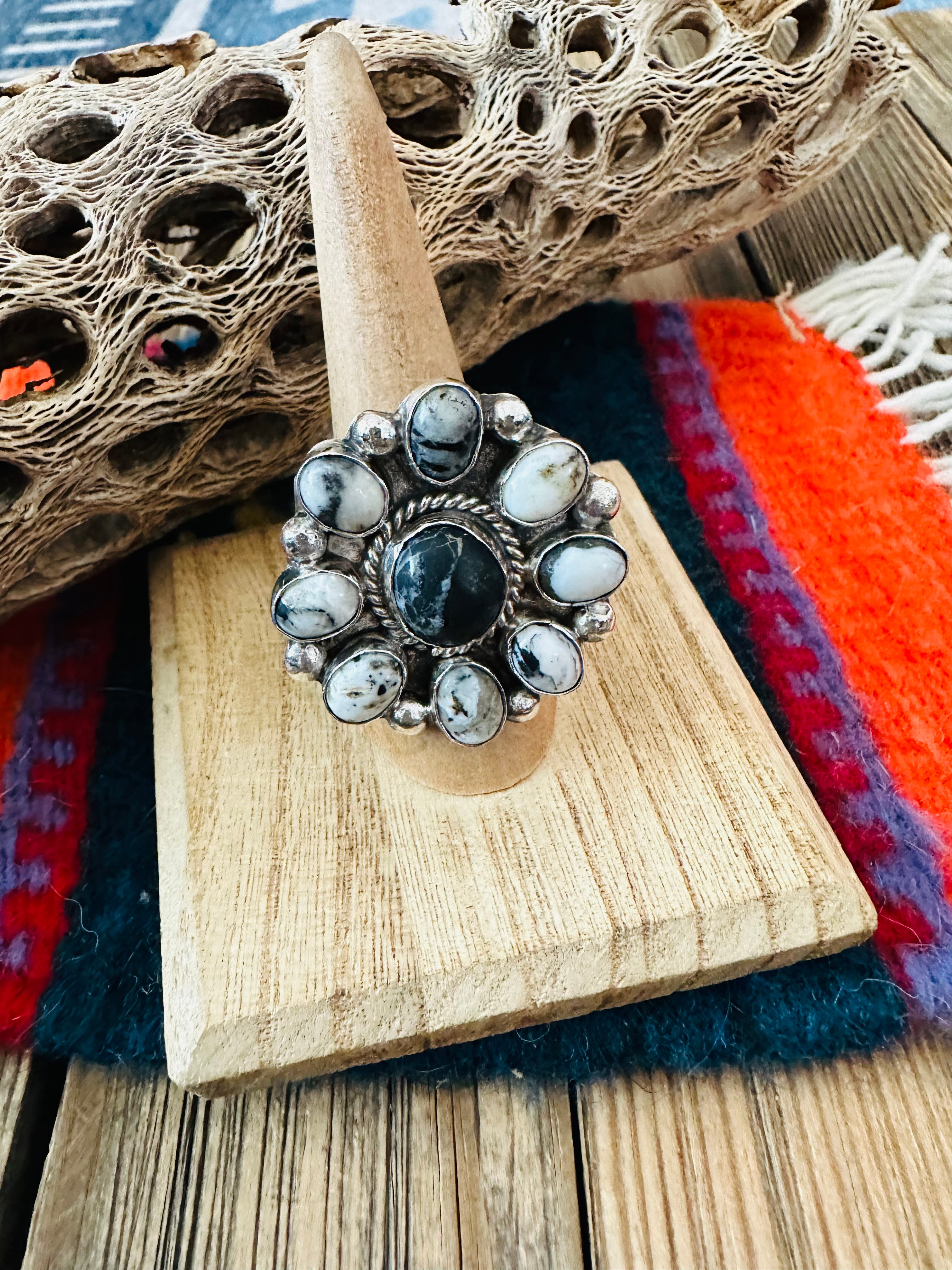 Navajo Sterling Silver And White Buffalo Cluster Adjustable Ring