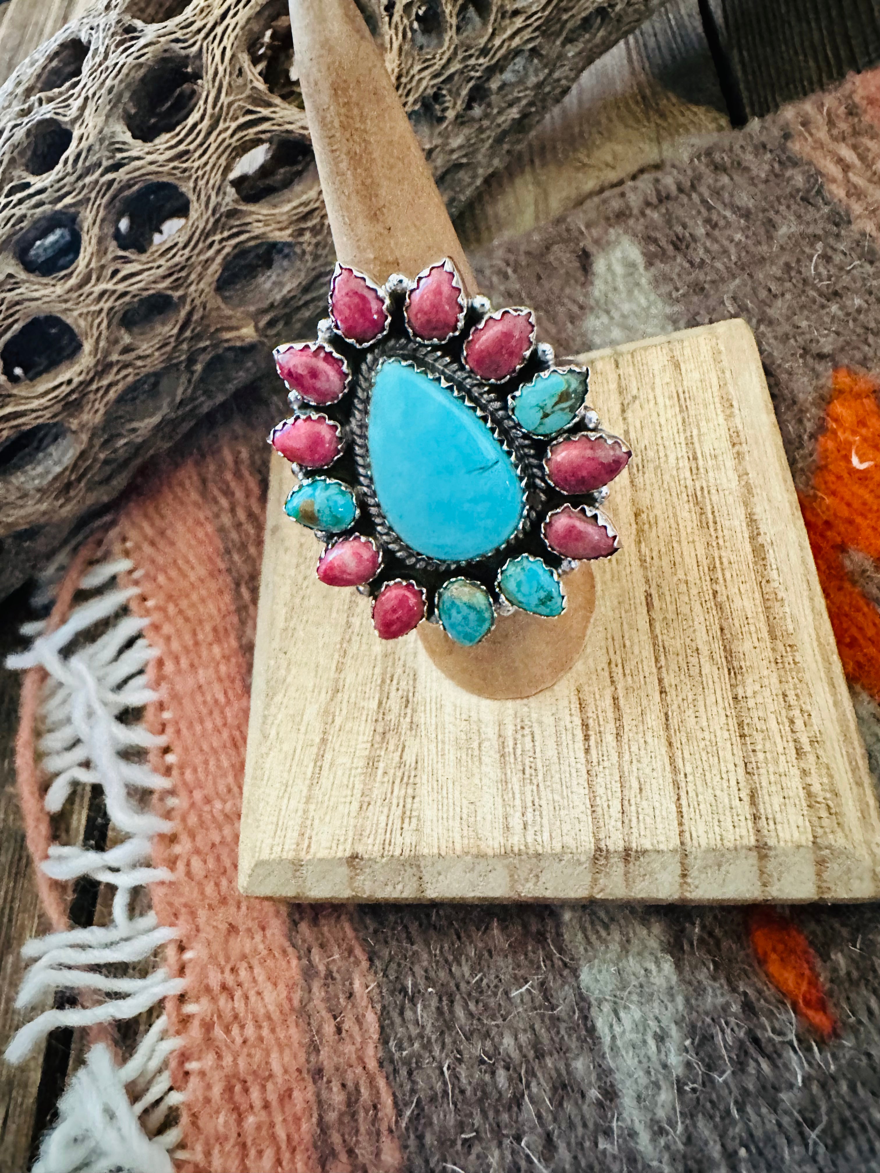 Handmade Sterling Silver, Turquoise & Rhodonite Cluster Adjustable Ring